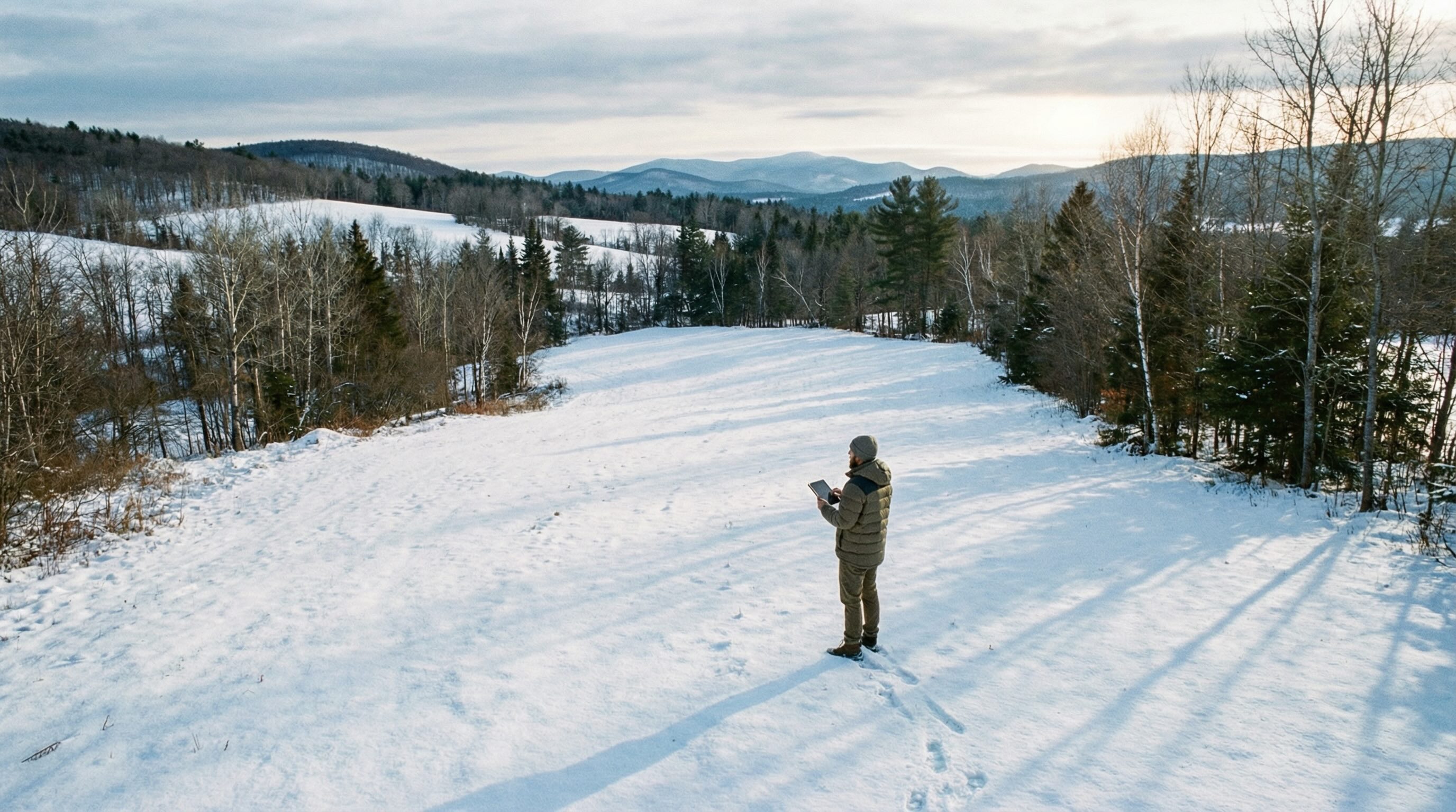 Vermont winter building site evaluation showing solar access assessment and tree line shadow patterns
