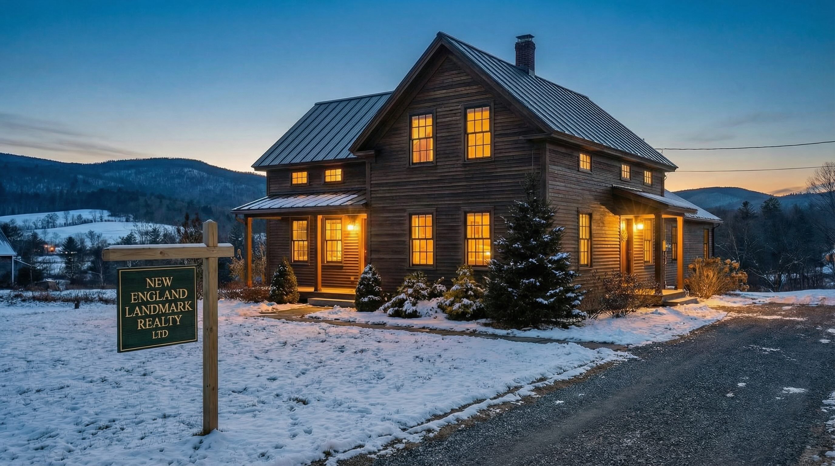 Vermont home for sale in winter with warm lighting and opportunity for buyers