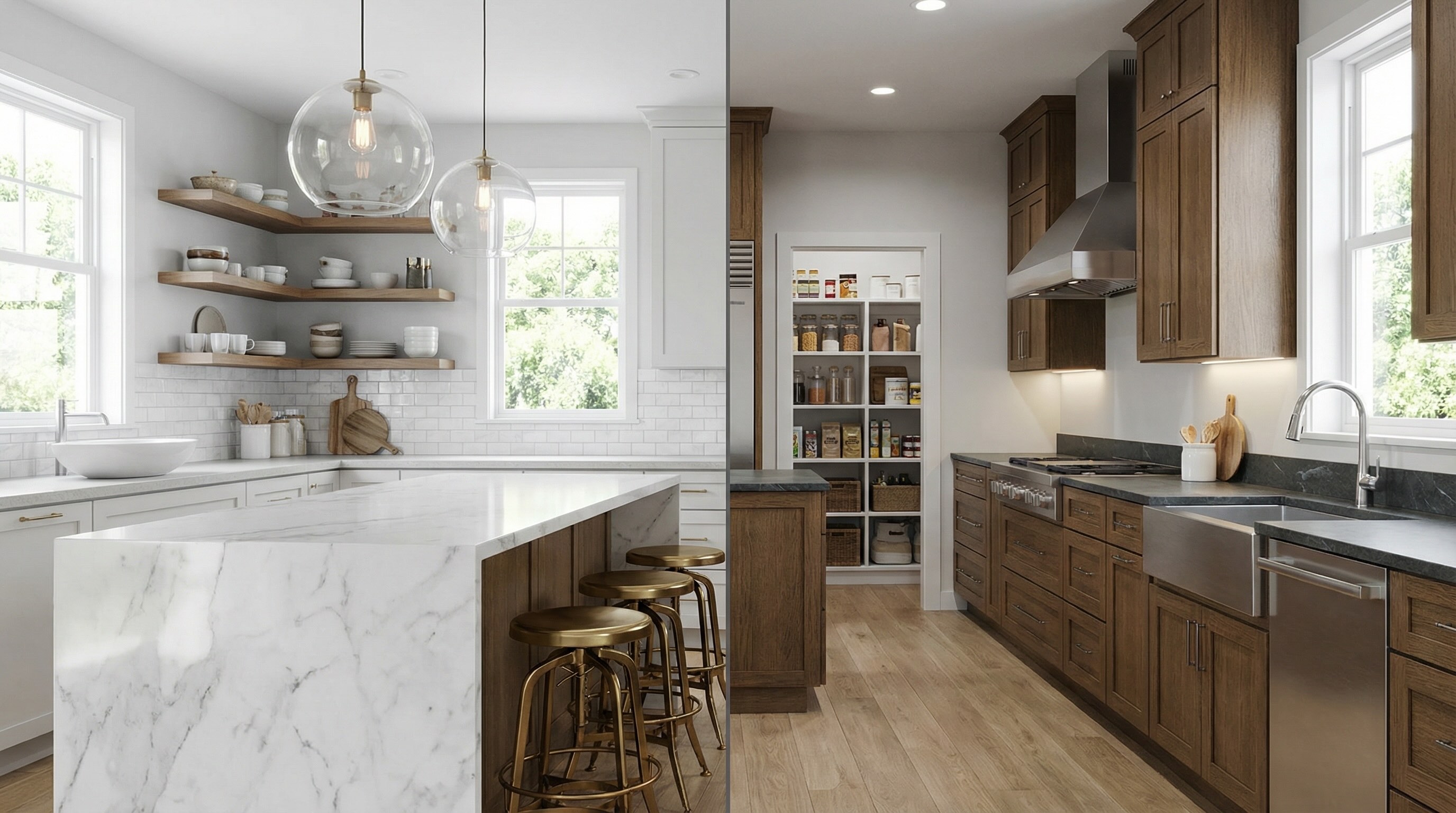 Split-screen comparison of two kitchens with identical budgets - one Instagram-perfect but dysfunctional with waterfall island and open shelving, the other understated but brilliantly functional with task lighting and proper storage