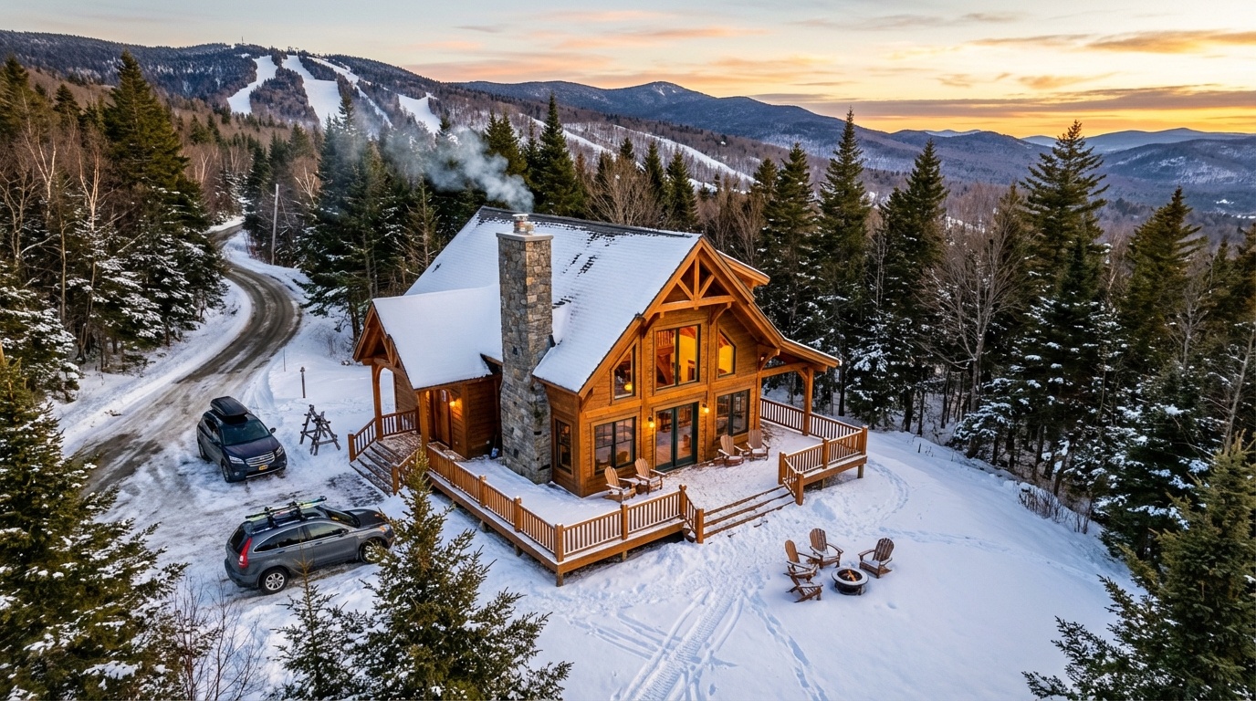 Aerial view of Vermont ski chalet at sunset