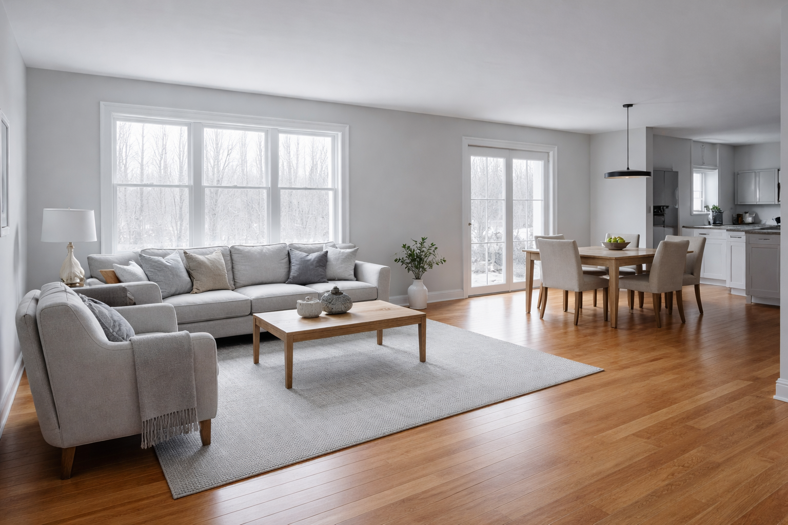 Vermont living room with cool gray walls under flat overcast light &mdash; walls look icy and cold, warm wood floors clash, staging problem illustrated &mdash; Kore's Design Eye