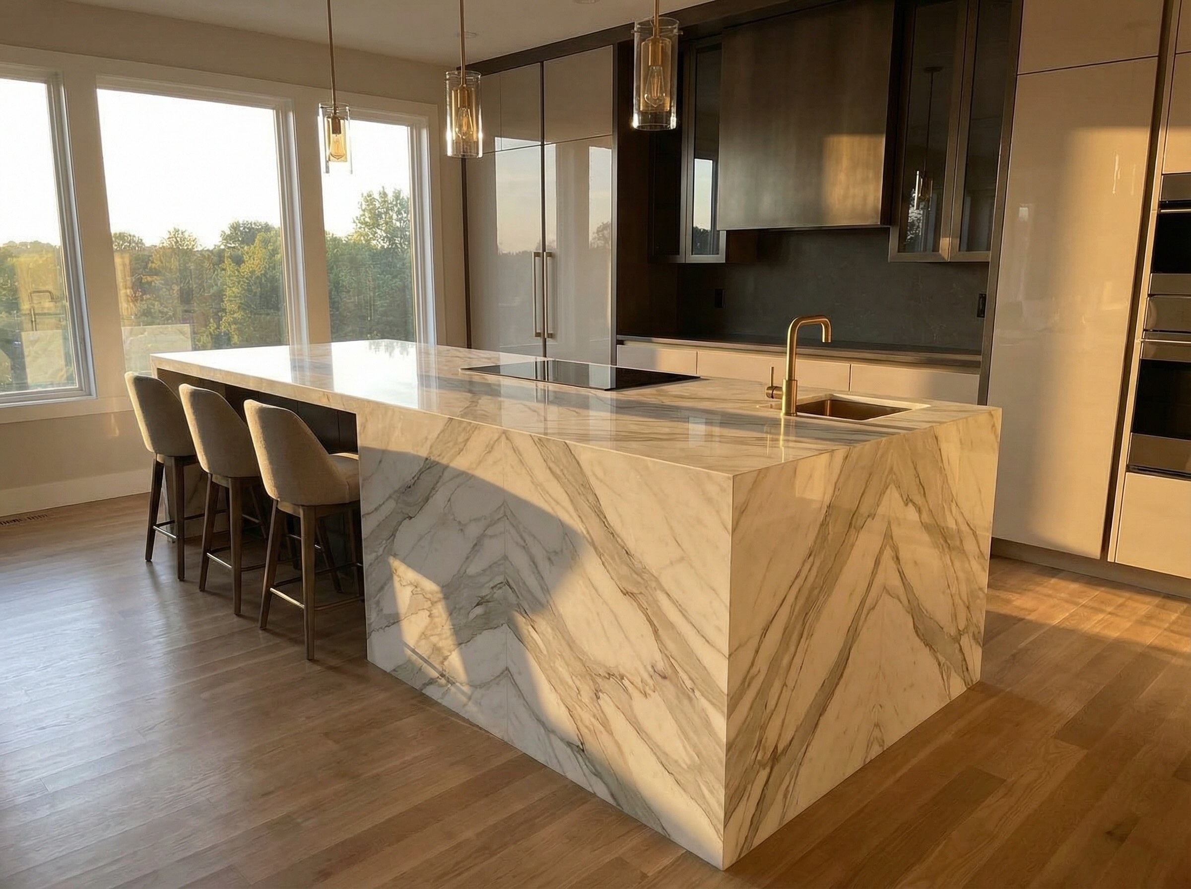 Luxury kitchen with stunning waterfall marble island showing design flaws - no outlets, inadequate landing space next to cooktop, impractical bar-height seating, and shallow prep sink