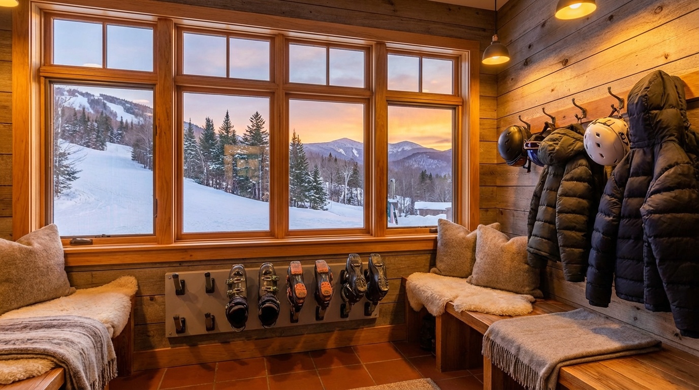Vermont ski home mudroom with mountain views