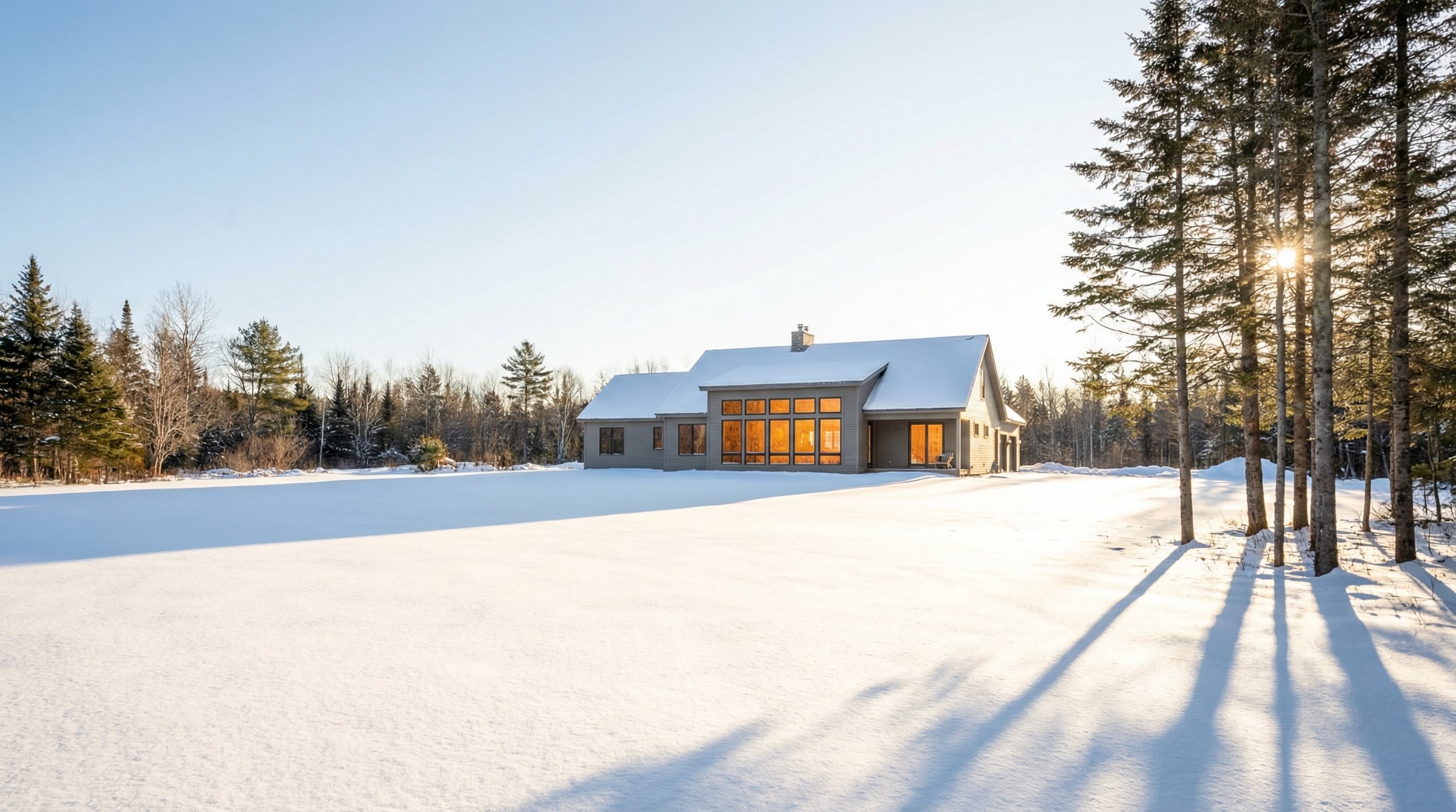 Vermont home with optimal winter solar access showing clear southern exposure and strategic tree placement