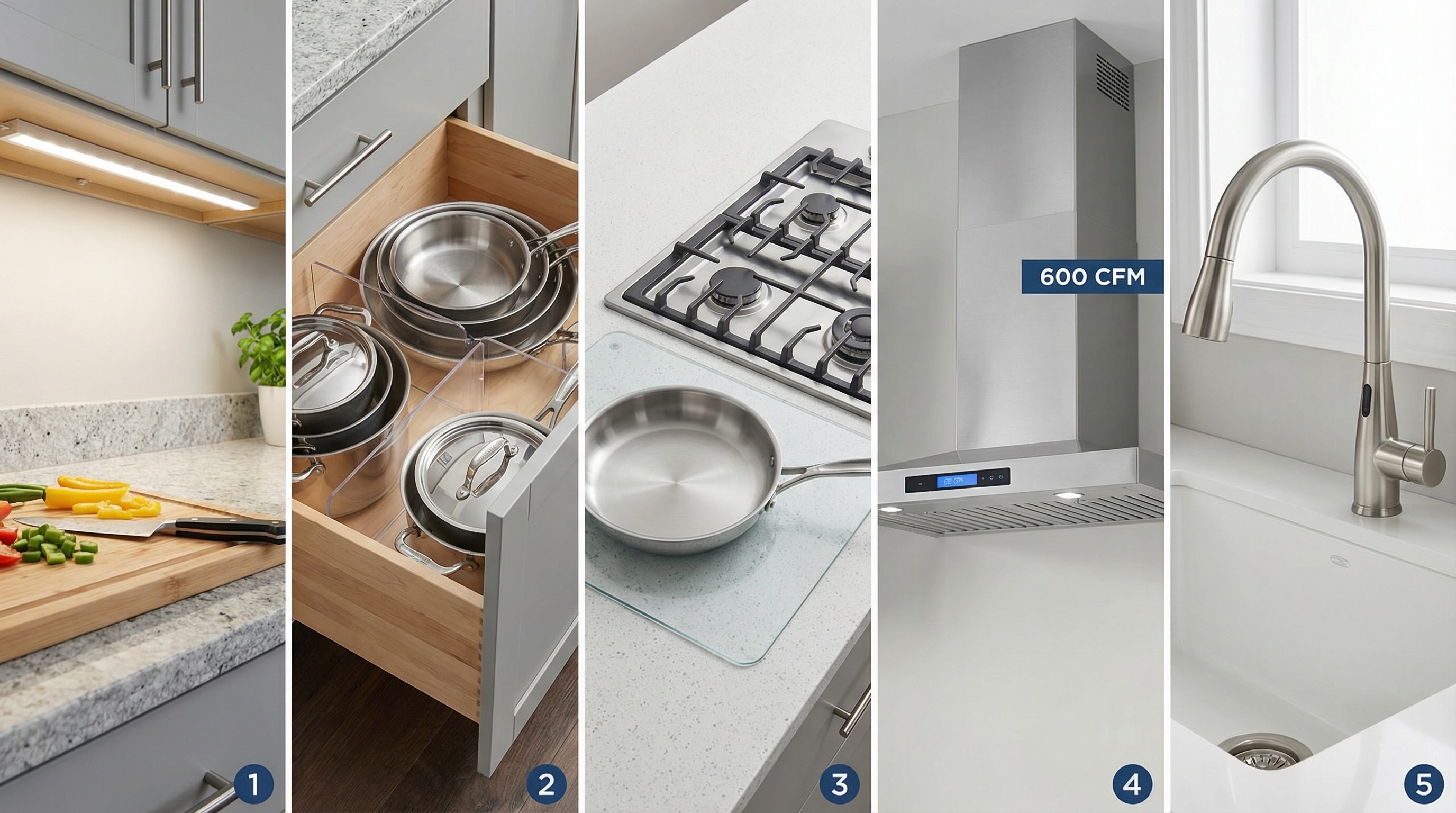 Five functional kitchen upgrades shown in detail - LED under-cabinet task lighting, organized pull-out drawer with pots, proper counter landing space beside range, range hood with 600 CFM rating, and motion-sensor faucet over deep sink