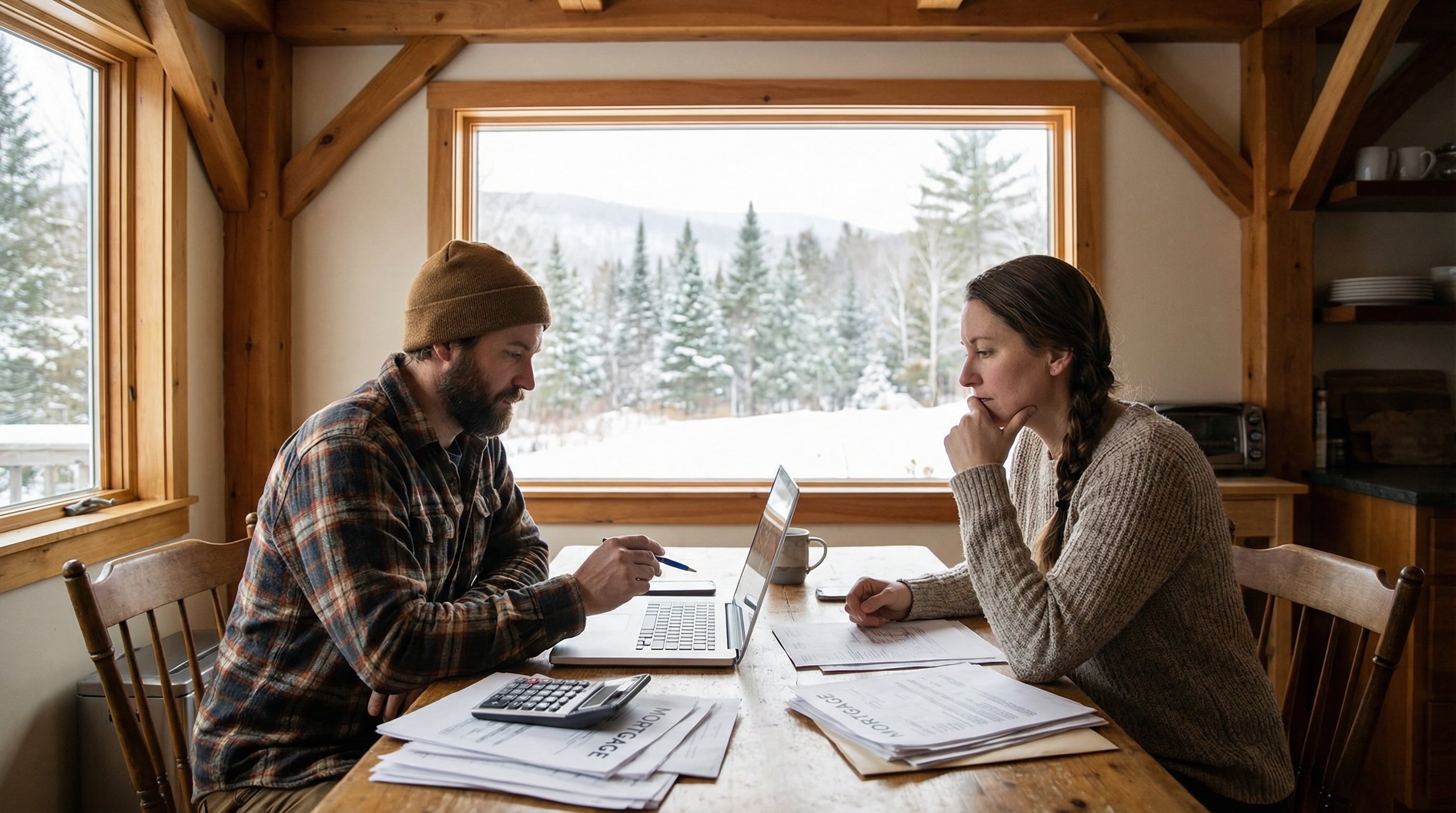 Vermont home buyers reviewing mortgage calculations and affordability analysis at kitchen table