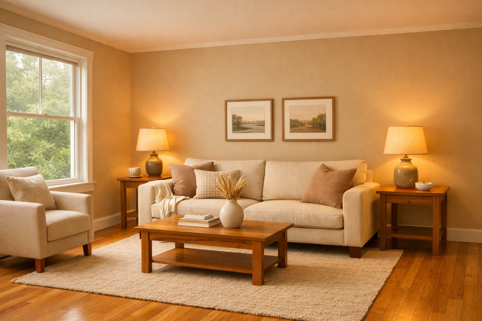 Same Vermont living room repainted in warm khaki neutral &mdash; floors and walls harmonize, room reads cozy and buyer-ready under overcast natural light &mdash; Kore's Design Eye NELR