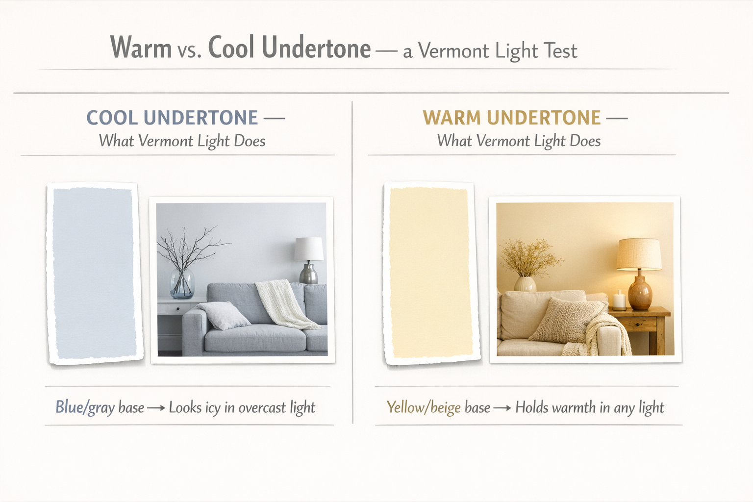 Warm vs. cool paint undertone comparison graphic &mdash; Vermont light test showing how cool gray reads icy and warm neutral reads inviting under overcast skies &mdash; Kore's Design Eye