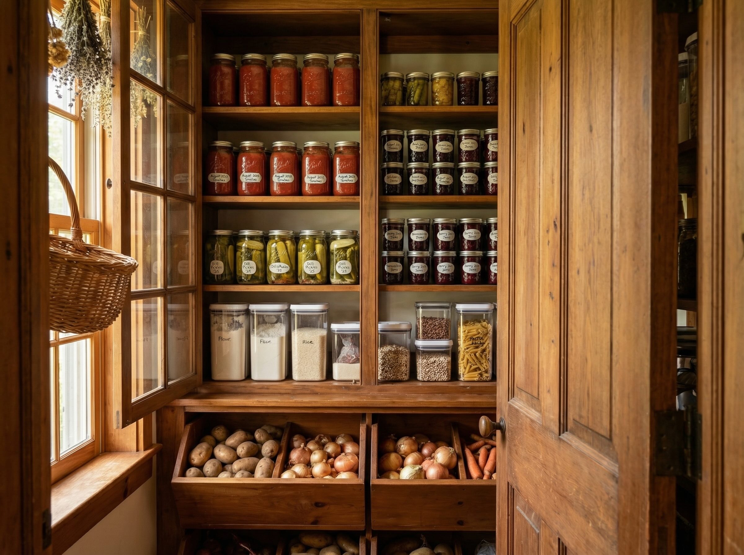 Well-organized Vermont kitchen pantry with deep shelves loaded with Ball jars of preserves, bins of root vegetables, bulk dry goods in airtight containers, and closed cabinet doors