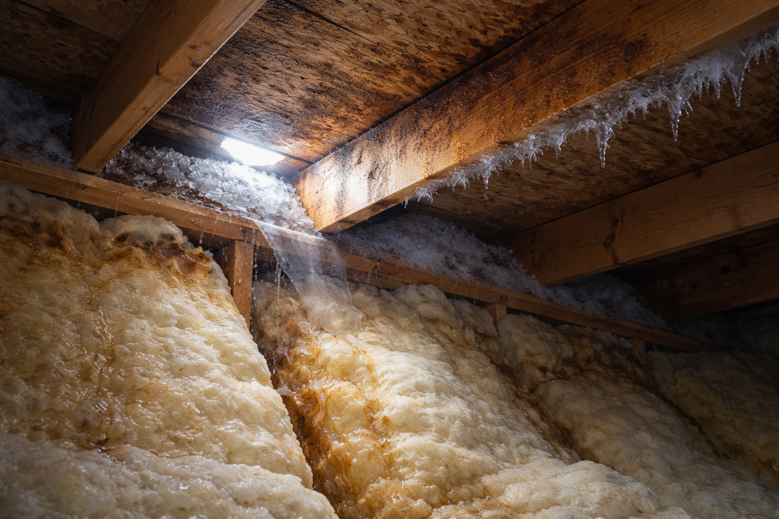 Vermont attic showing water staining on roof sheathing, compressed insulation, and early mold growth from ice dam water intrusion