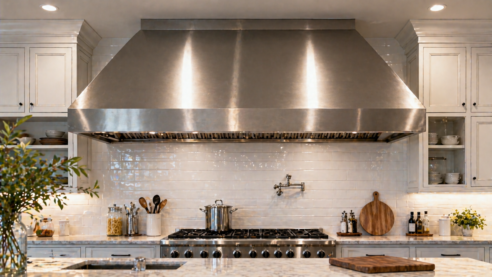 Kitchen interior showing oversized range hood that visually dominates the space above cooktop