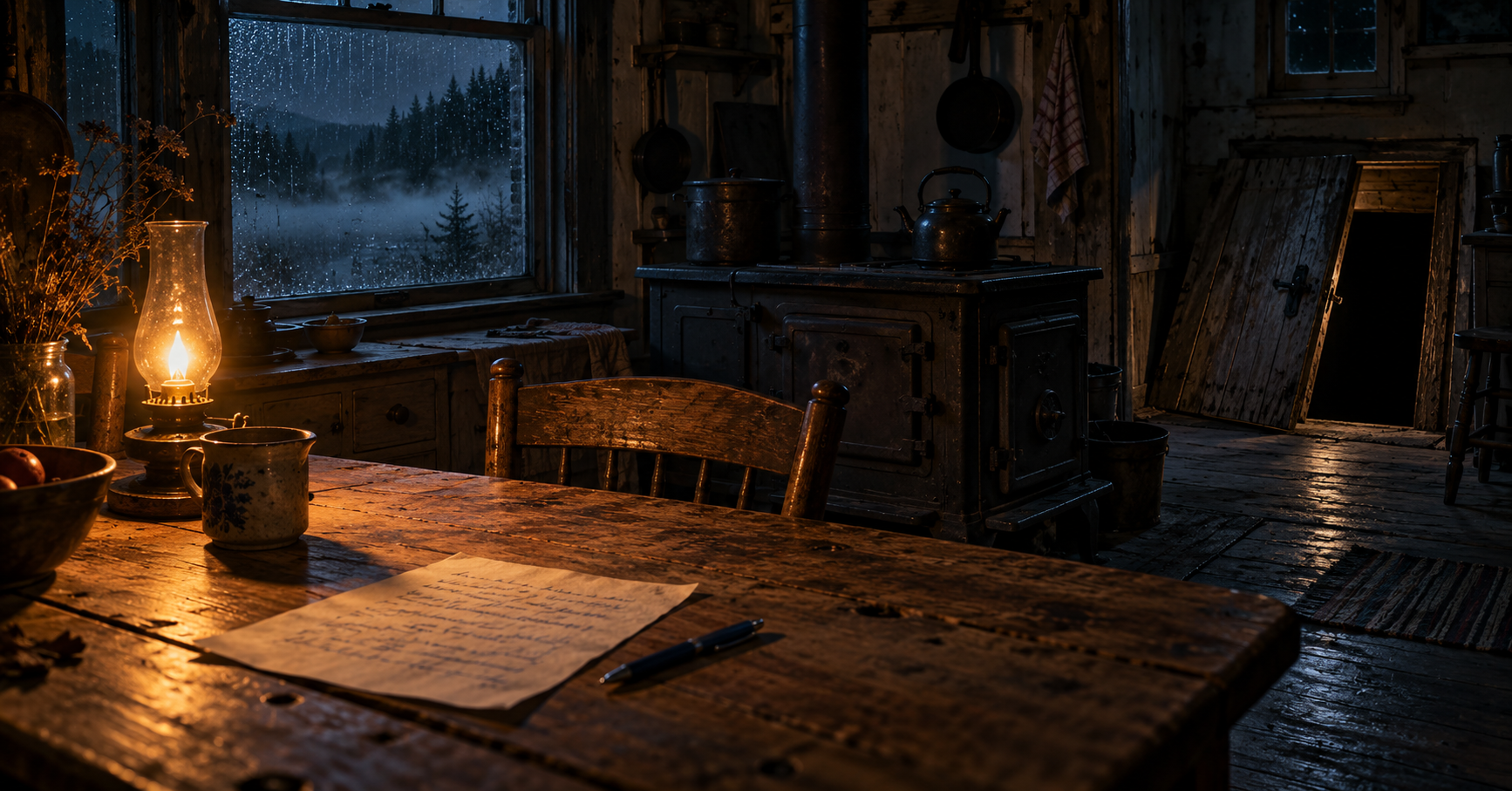 An old Vermont farmhouse kitchen at night, a handwritten page and pen on a pine table by an oil lamp, a cold woodstove, and a cellar door open onto darkness while fog and rain press at the window.