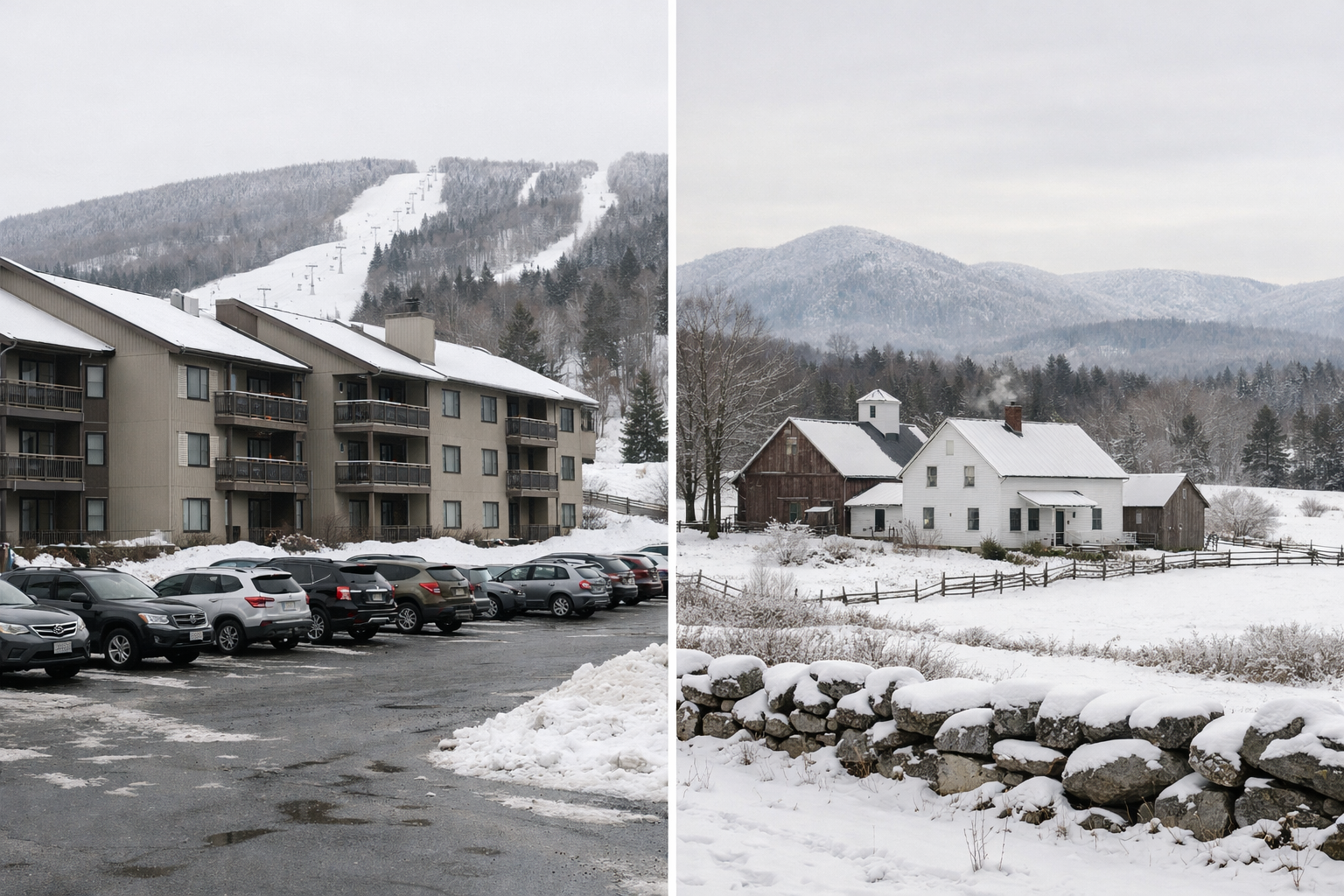 Split composition: left shows a resort ski condo complex in winter with parking lot; right shows a classic Vermont farmhouse with acreage, stone walls, barn, and mountains behind it