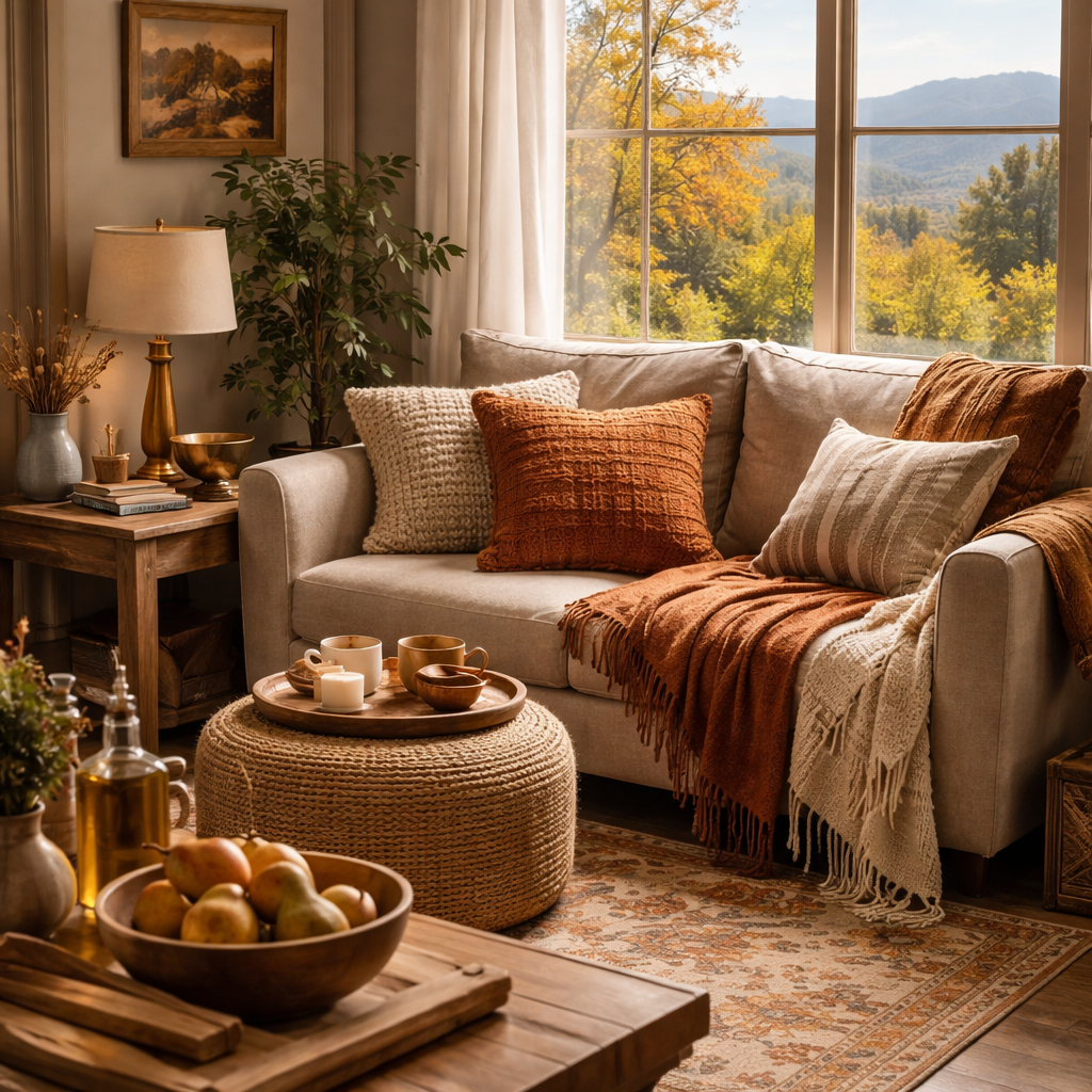 Layered neutral textures with warm textiles wood accents and brass fixtures for home staging