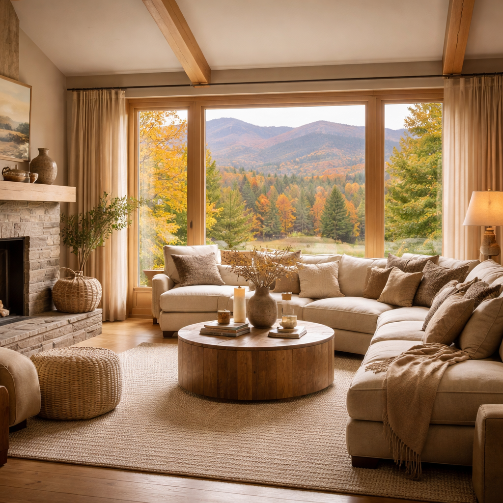 Warm neutral living room with taupe walls and natural textures showing 2026 staging trends