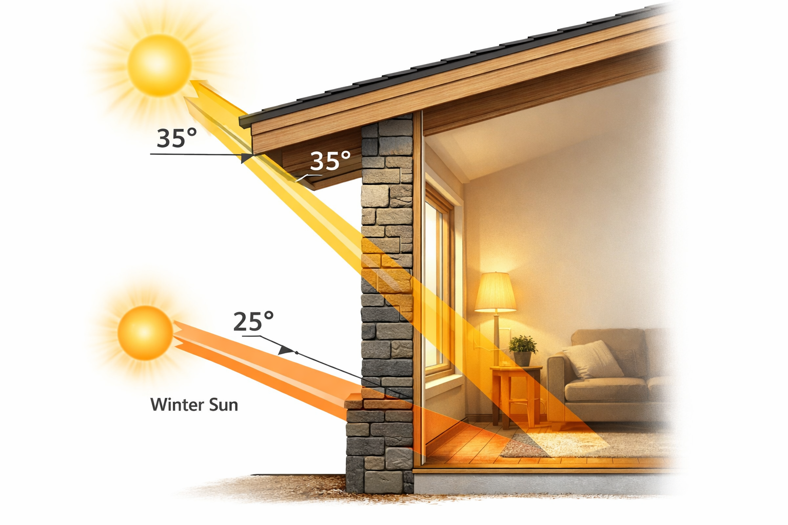 Overhang sizing chart by cardinal direction for Central Vermont&mdash;north 8&ndash;12 inches, east 12&ndash;18 inches, west 20&ndash;28 inches, south 24&ndash;36 inches.