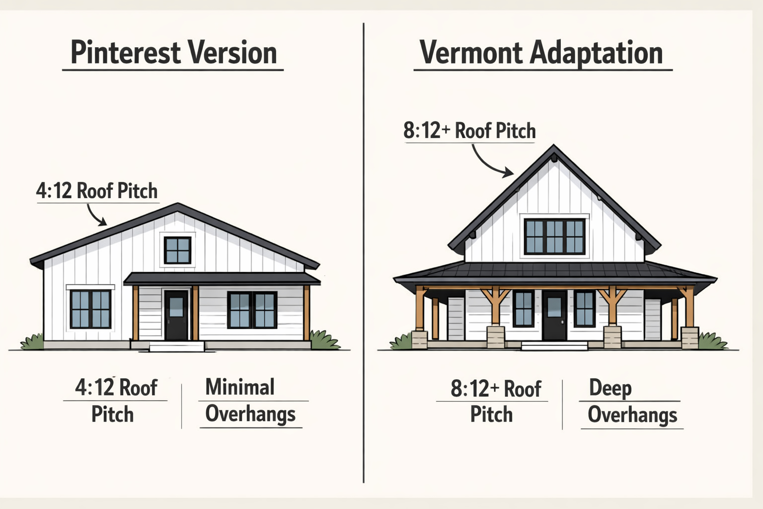 Side by side comparison diagram showing Pinterest modern farmhouse with shallow roof versus Vermont adapted version with steep pitch and deep overhangs