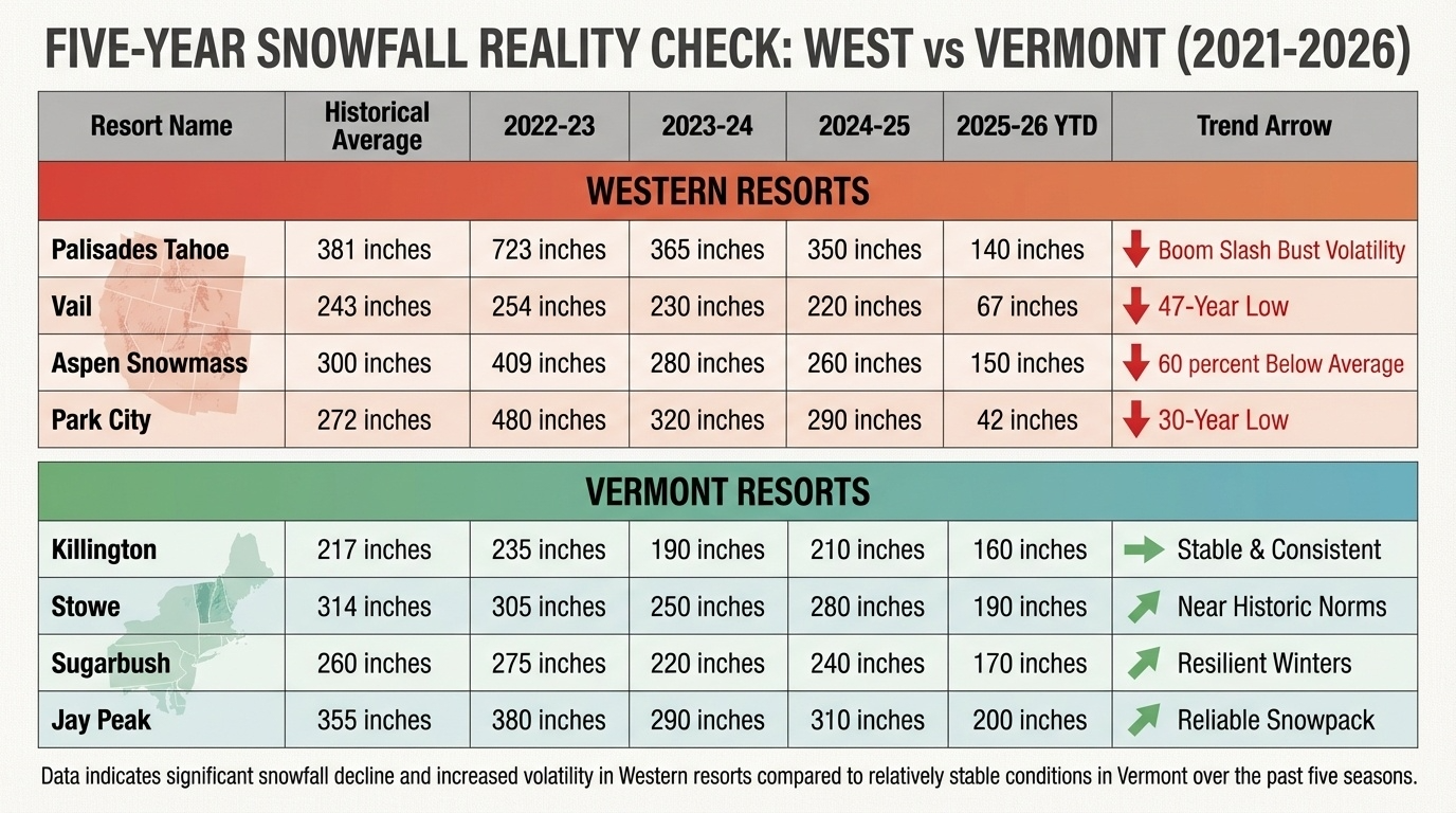 Five-year snowfall comparison 2021-2026 showing Western US ski resorts declining while Vermont maintains consistent natural snow totals