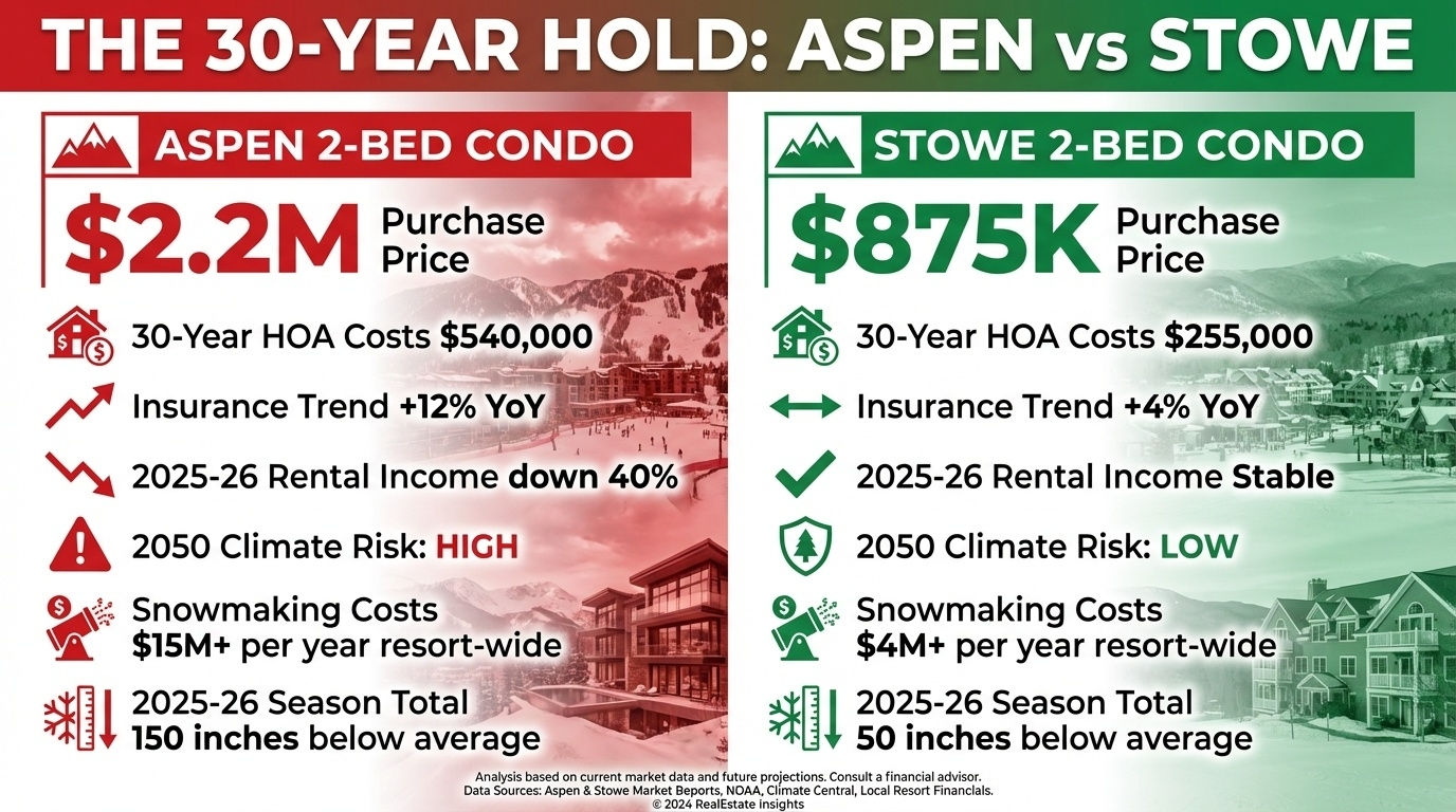 30-year financial comparison Aspen ski condo versus Stowe Vermont showing 1.6 million dollar savings and lower climate risk