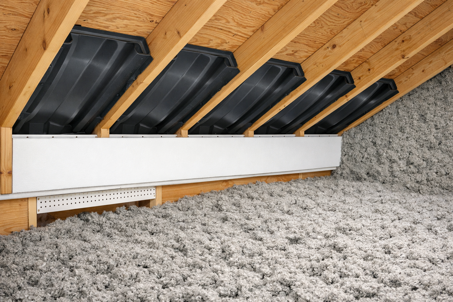 Properly insulated and ventilated Vermont attic showing rigid foam air barrier at eave, ventilation baffles, and dense-pack insulation as the correct ice dam prevention solution