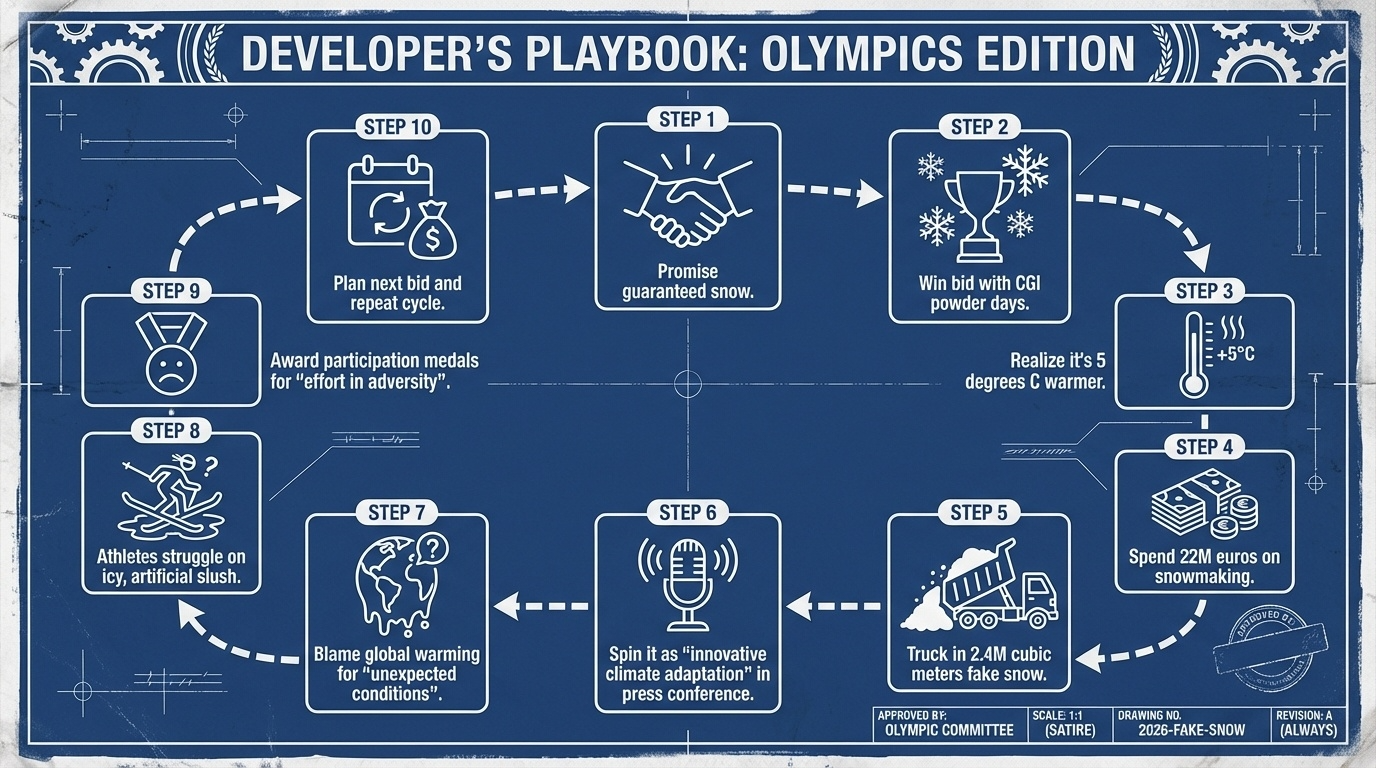Satirical Developer's Playbook showing the unsustainable cycle of Olympic winter sports hosting and artificial snowmaking investments