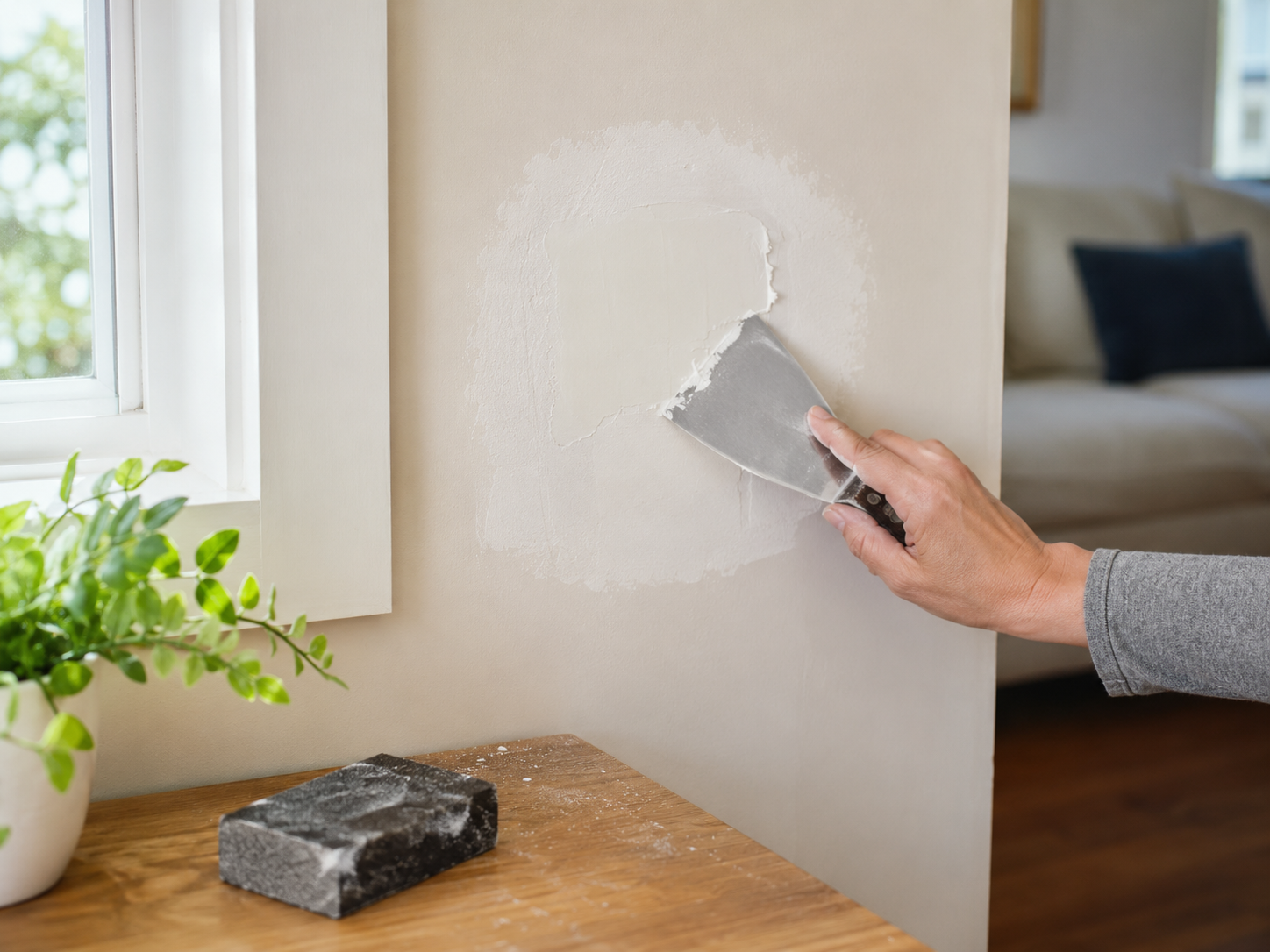 Smoothing wall patching compound&mdash;an hour-long cosmetic fix