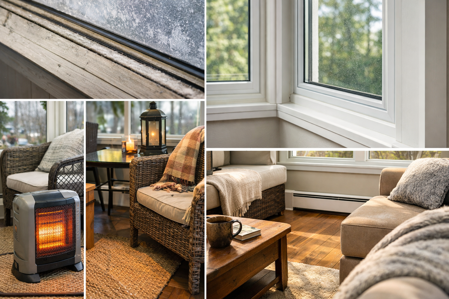 A split-composition comparison showing what separates a pretty sunroom from a usable one.