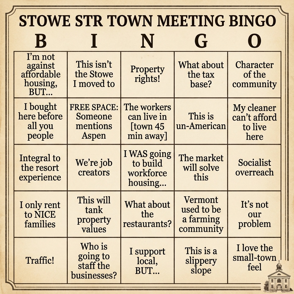 Stowe STR Town Meeting Bingo Card - Satirical bingo card with predictable phrases from STR debates