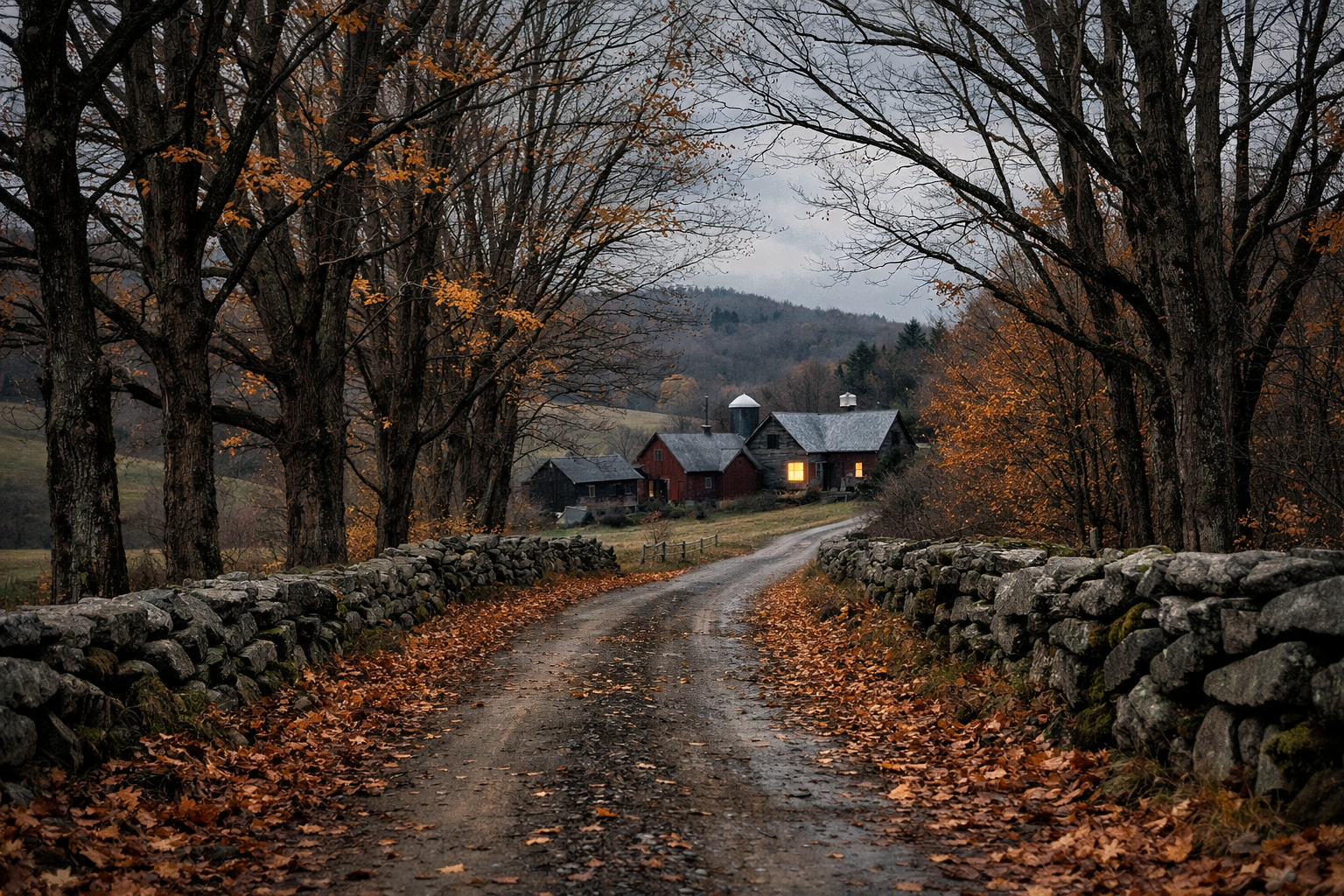 A Vermont country road in late October, stone walls on both sides, canopy of bare maples with last autumn leaves, a distant farmhouse with a lit window at the end of the road