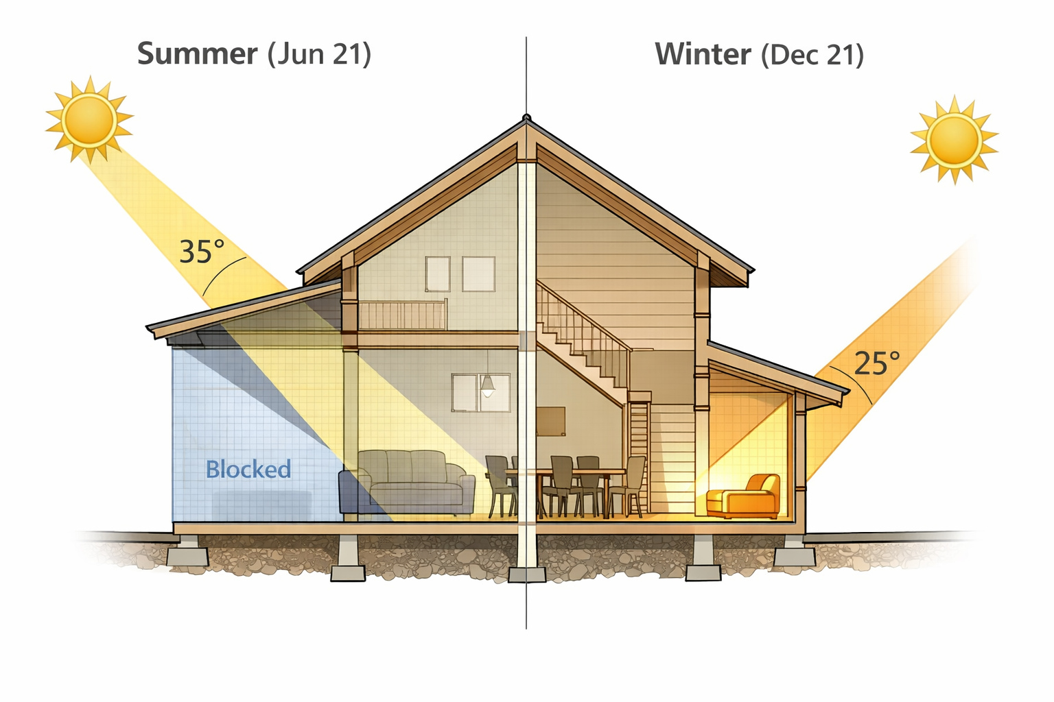 Cross-section showing summer sun blocked by overhang at 62 degrees and winter sun penetrating at 15 degrees&mdash;solar angle diagram for Vermont.