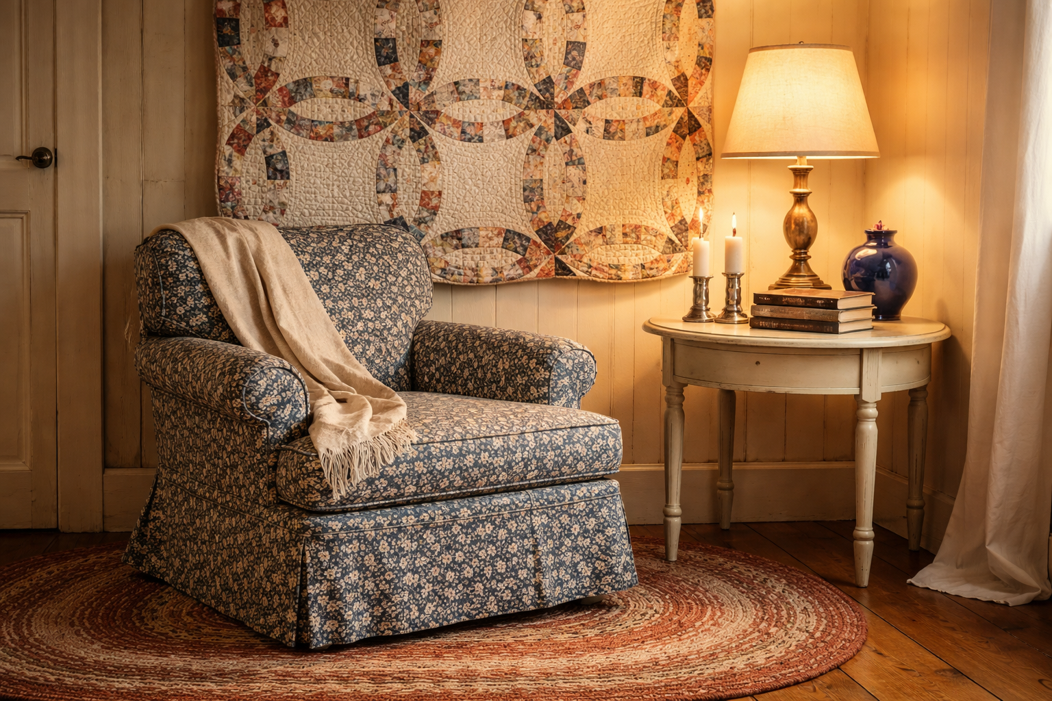 Budget Grandma Chic staging vignette: beeswax-treated pine floor, terracotta wool rug, navy-cream floral skirted armchair, mismatched silver candlesticks, cobalt ginger jar, double-wedding-ring quilt as wall art, brass lamp, warm amber light