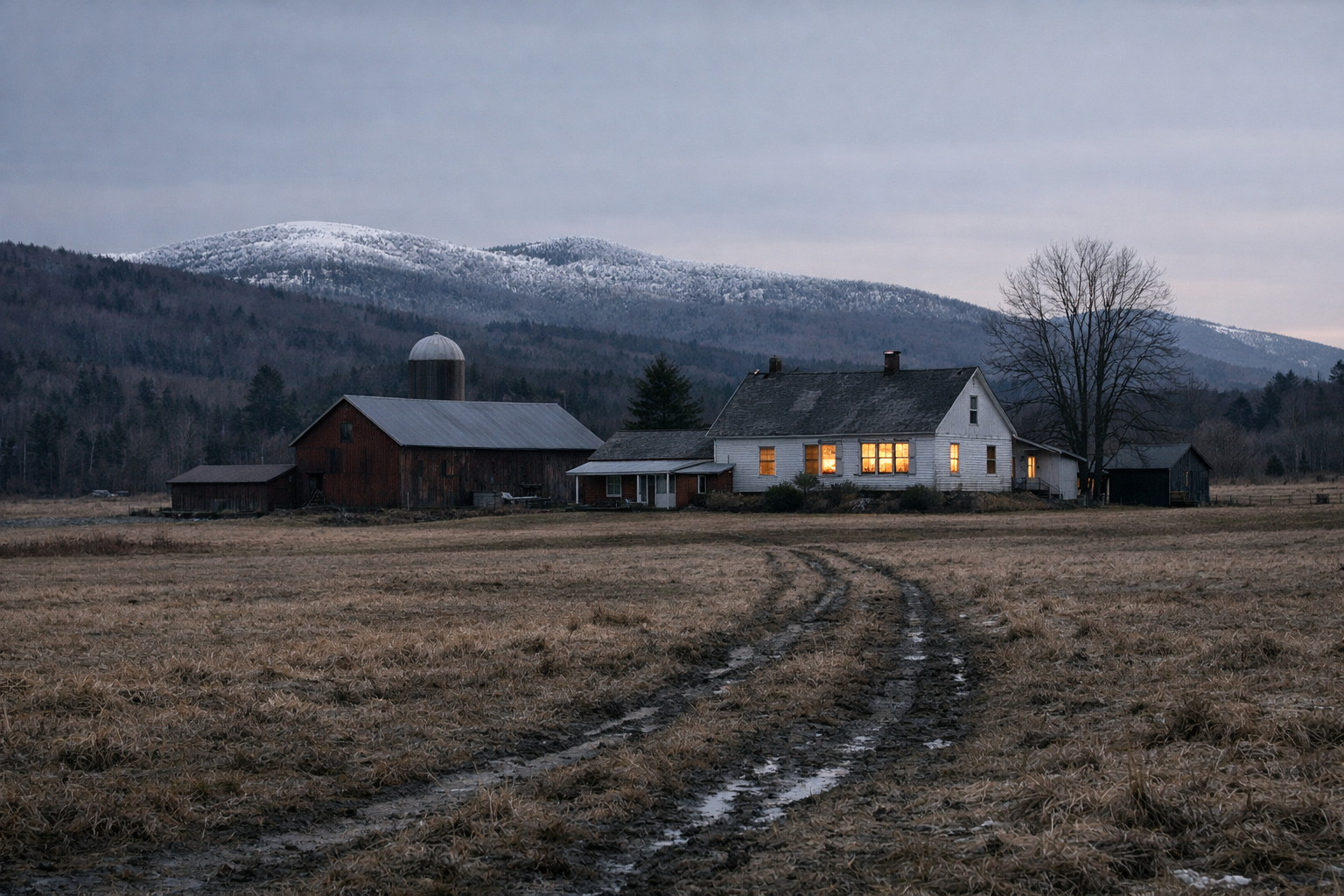 Vermont farmhouse at dusk in early spring &mdash; warm amber light glowing through windows, snow-dusted hills behind, tire tracks through a dormant field