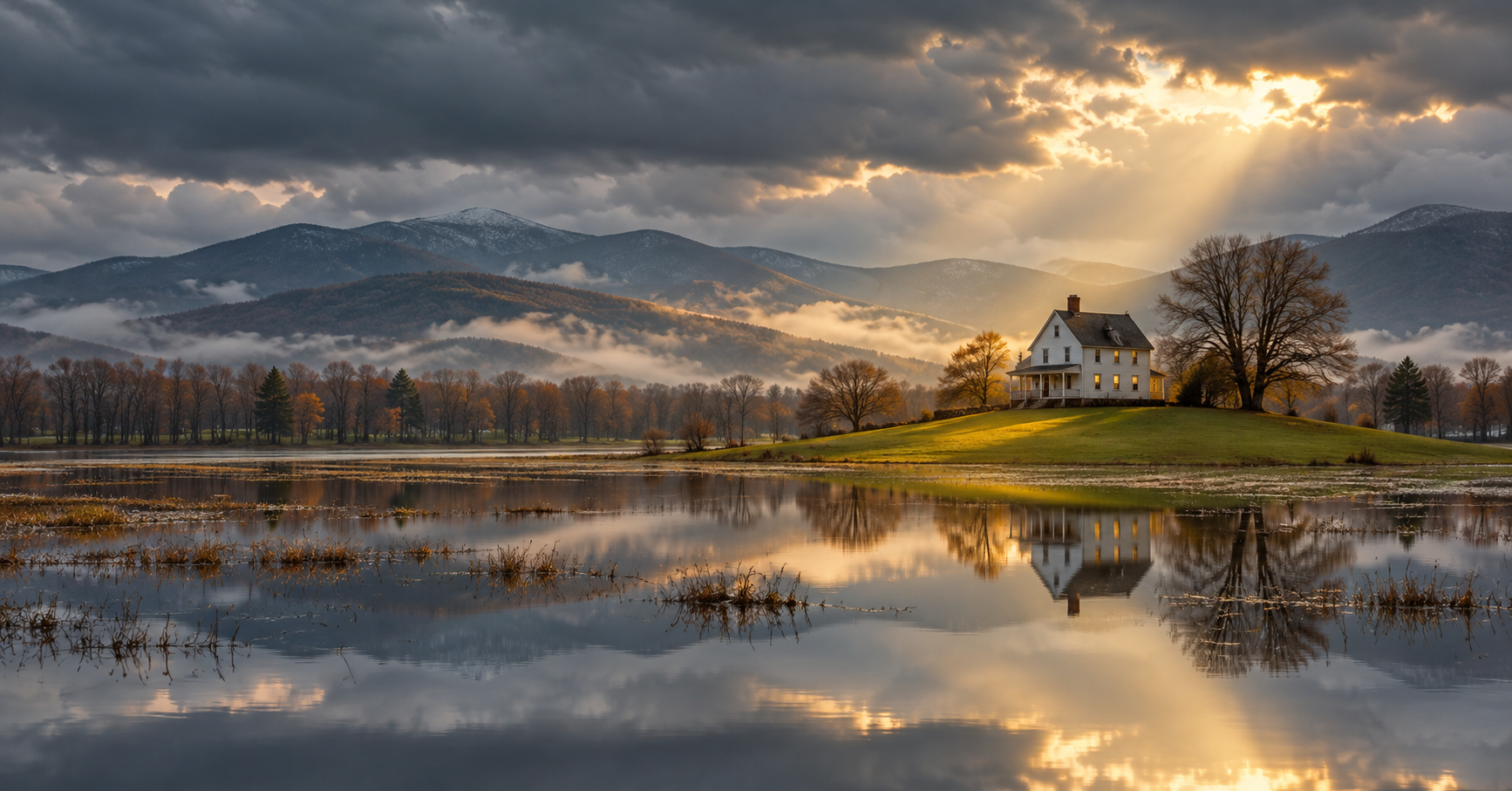 A white Vermont farmhouse on a small rise surrounded by calm floodwater under storm clouds, with golden light breaking through