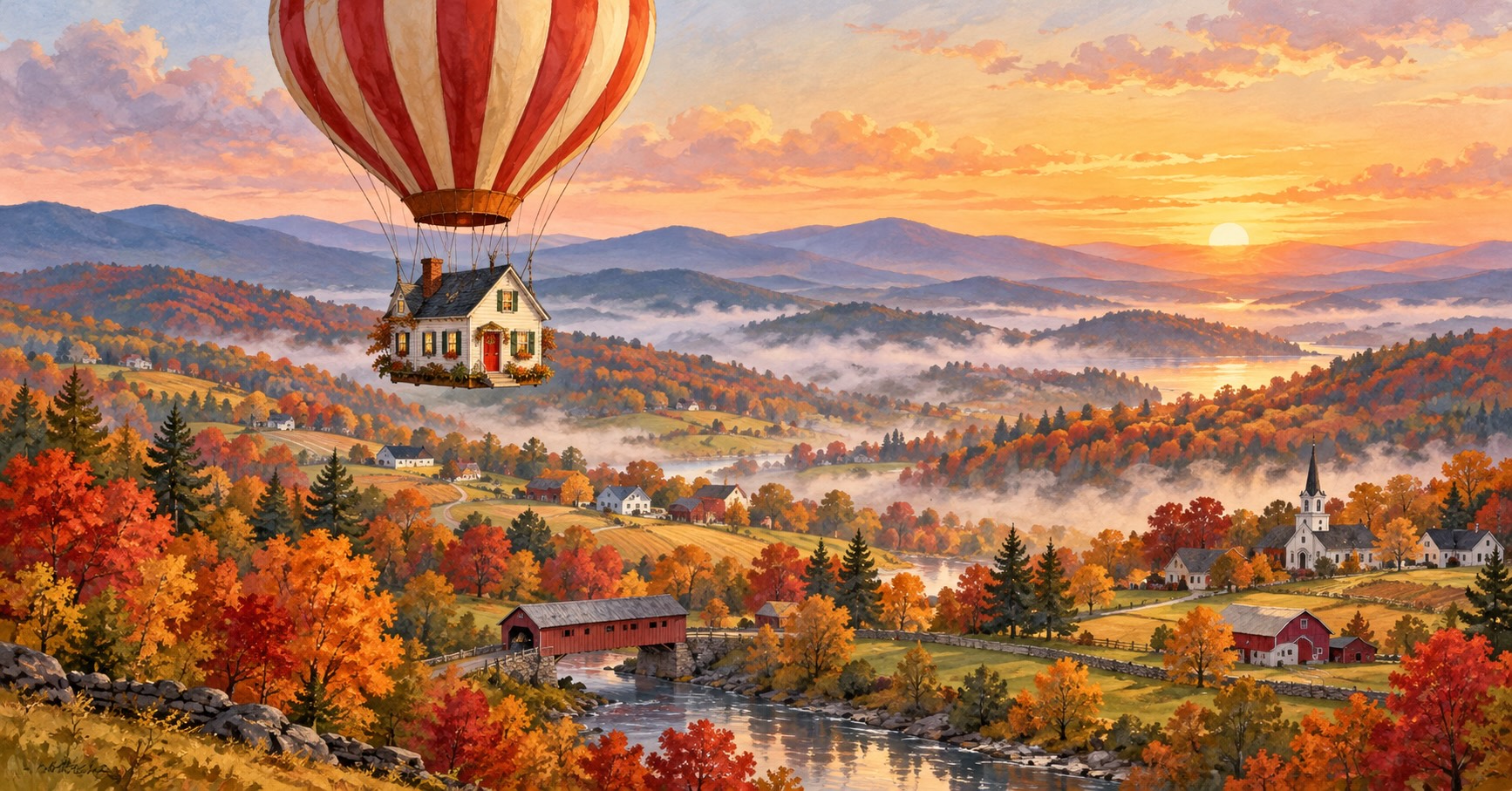 A small white farmhouse rising beneath a hot-air balloon over autumn Vermont hills, illustrating rising mortgage rates