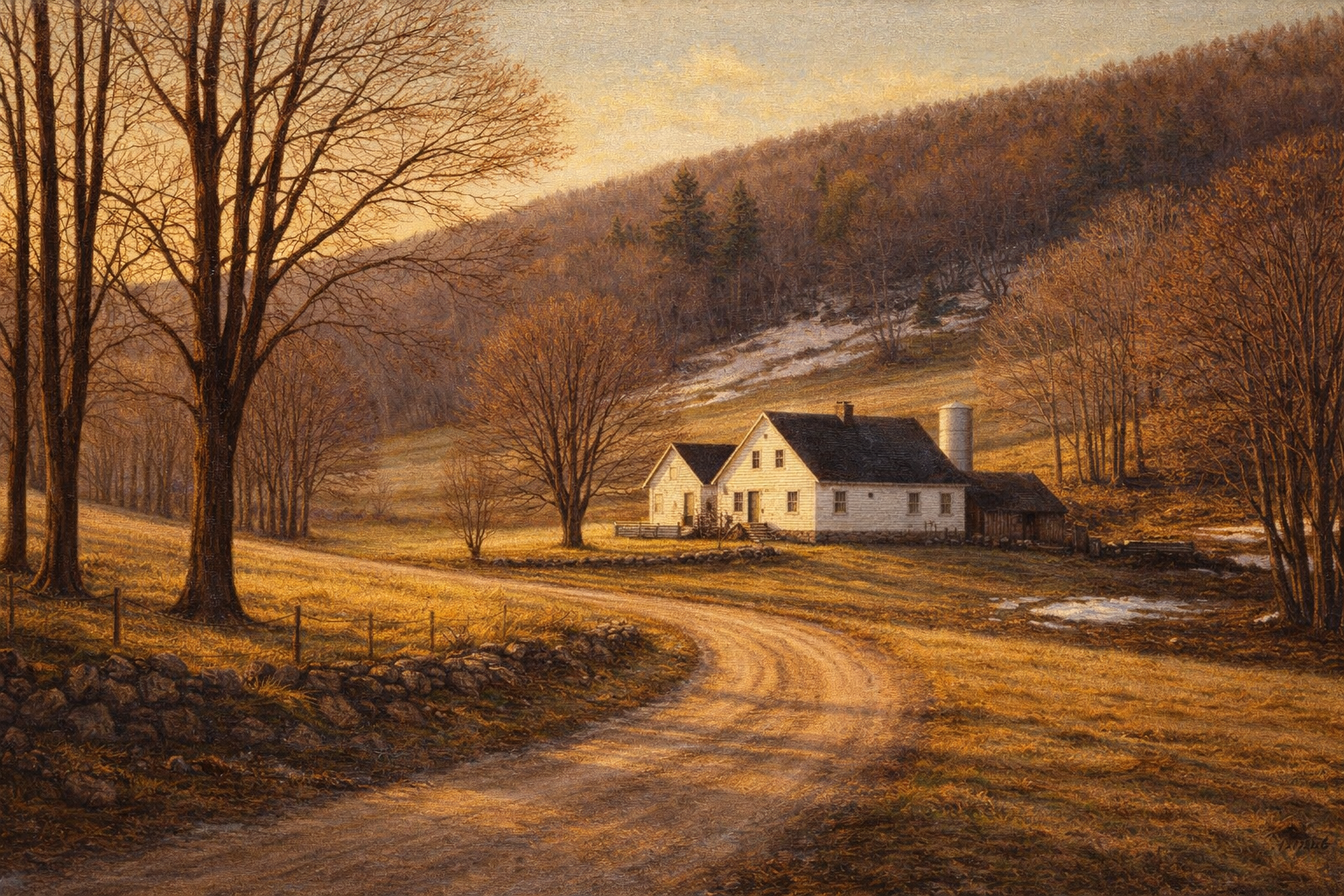 Vermont rural landscape in early spring with a farmhouse visible through bare maple trees &mdash; representing stability and long-term real estate value amid national uncertainty