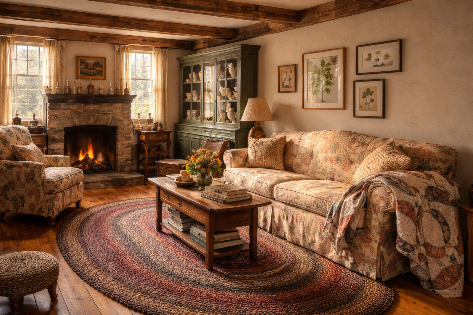 Vermont farmhouse living room in Grandma Chic style: amber pine floors, burgundy wool rug, camelback sofa with patchwork quilt, botanical-print armchair, fieldstone fireplace, silver candlesticks, glass-front hutch with Rose Medallion china, warm afternoon light