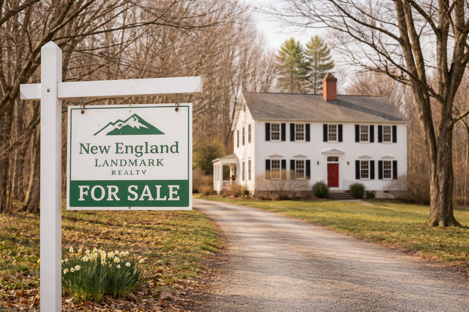 Vermont home for sale &mdash; classic New England colonial with bare maple trees, early spring light, gravel driveway