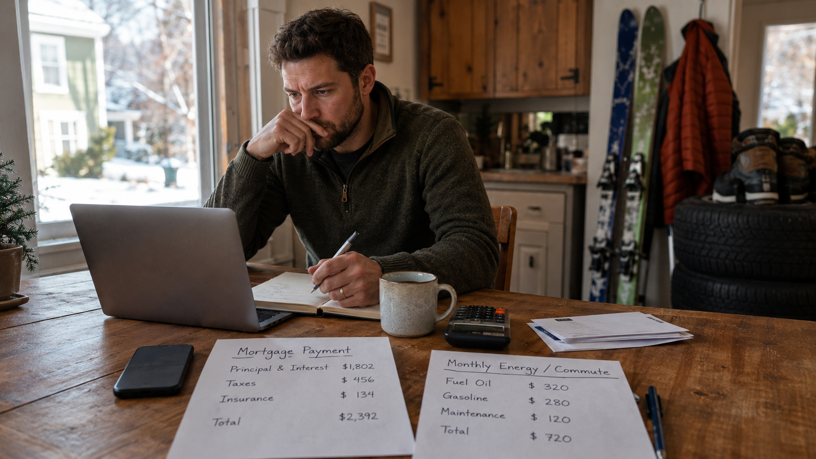 Vermont homebuyer at a kitchen table reviewing mortgage, heating, gasoline, and commute costs