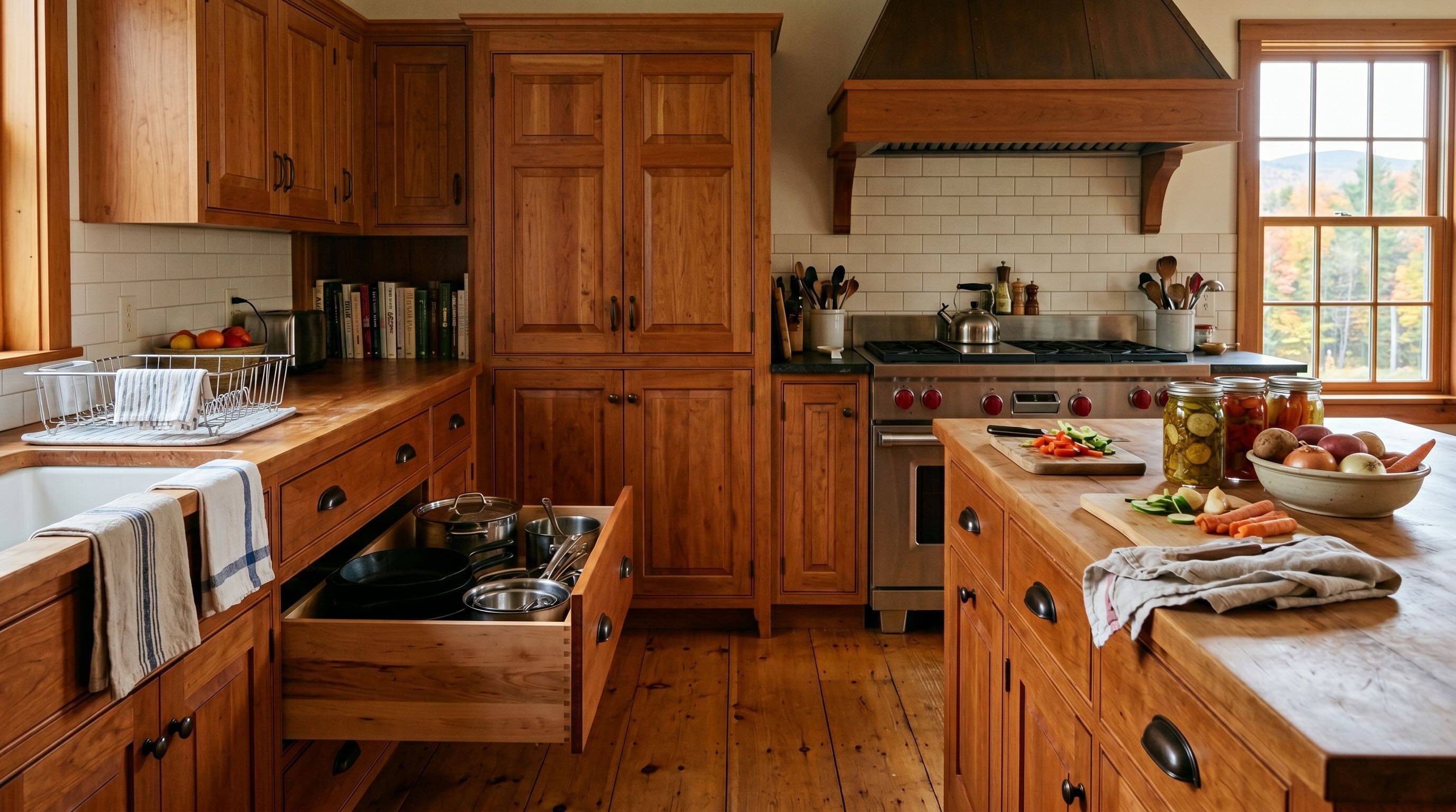 Vermont-style kitchen with closed cabinetry, deep drawers with soft-close hardware, and traditional pantry doors