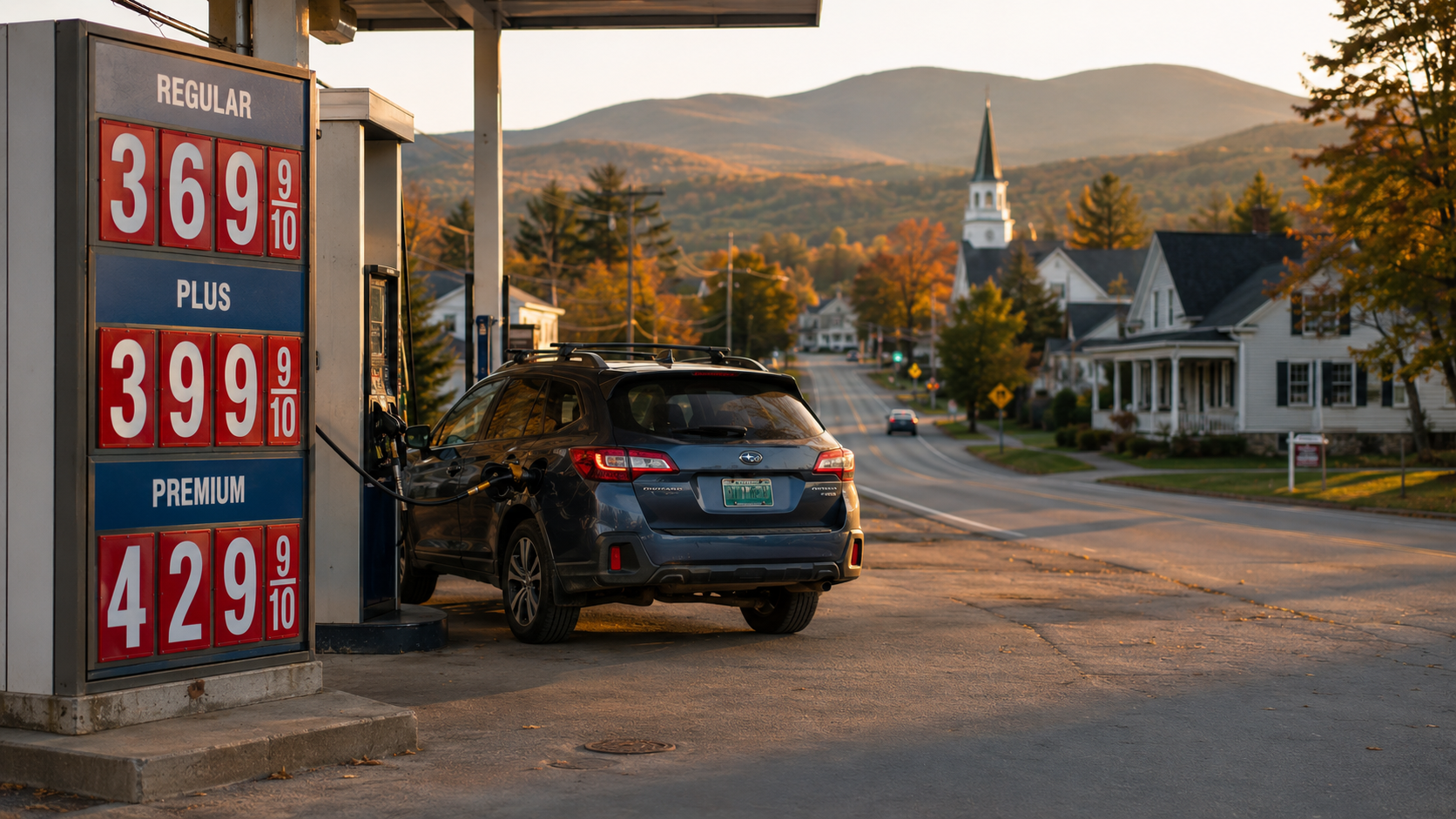 Vermont roadside gas station at golden hour with homes and mountains in the background