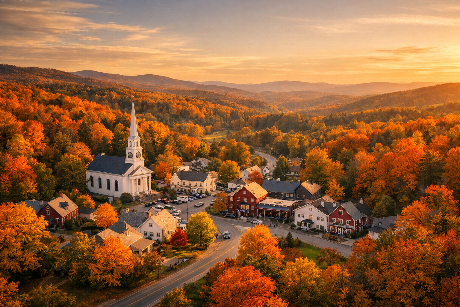 Aerial view of a Vermont village in autumn, white church steeple visible among hardwood forest ablaze in orange and gold, no sprawl visible on the horizon