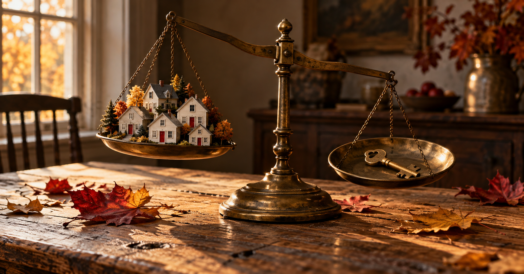 A brass balance scale tipping between a cluster of small Vermont houses and a single house key, illustrating leverage shifting in the Washington County housing market