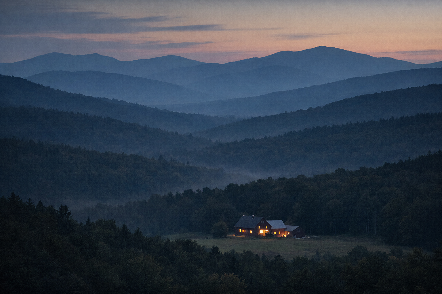 Wide Vermont landscape at dusk, layers of forested Green Mountain ridgelines fading to blue-gray distance, a single farmstead with lit windows visible in the valley below, no roads or power lines visible