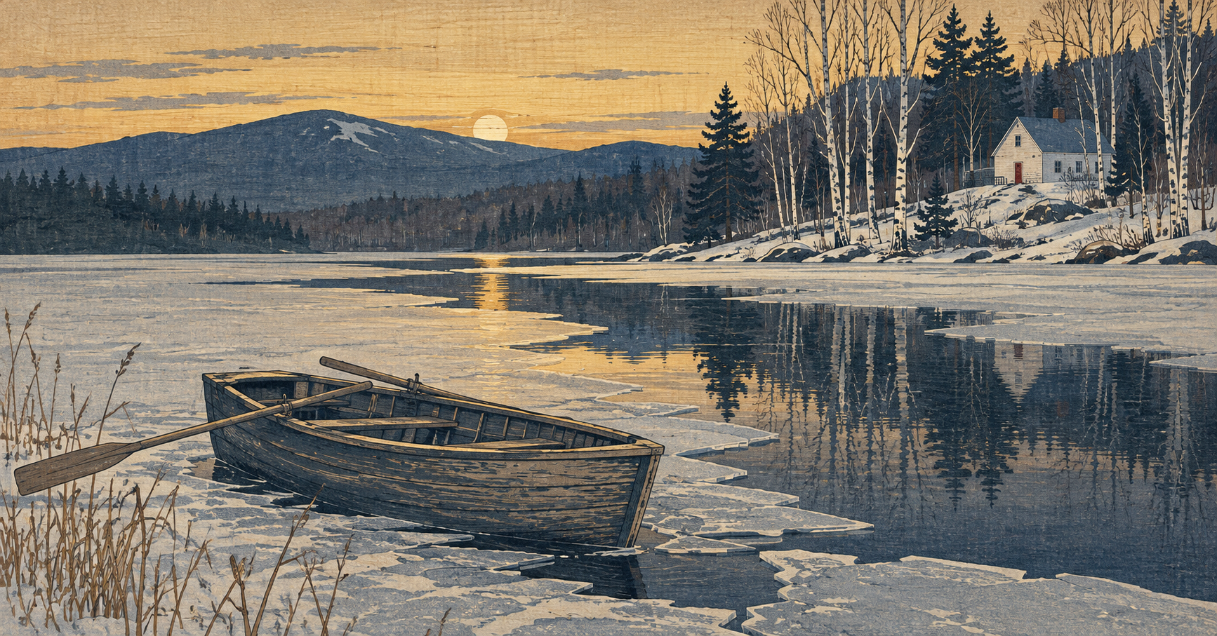 Woodblock print of a rowboat held in thin ice on a Vermont pond at dawn, open water leading toward a farmhouse.