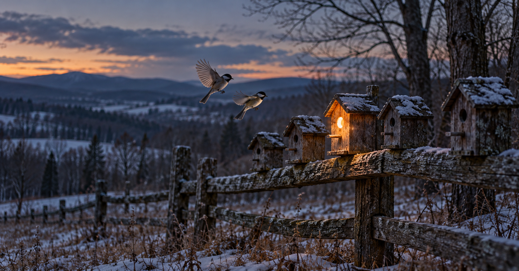 Two chickadees fly toward a single glowing birdhouse on a snowy Vermont fence at dusk in stick season.