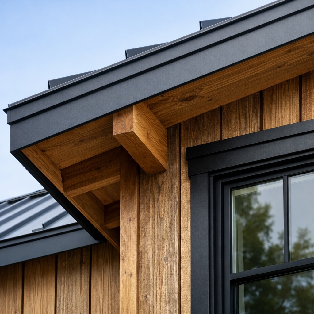Close-up of board and batten siding with deep roof overhang and standing seam metal roofing showing proper Vermont construction details