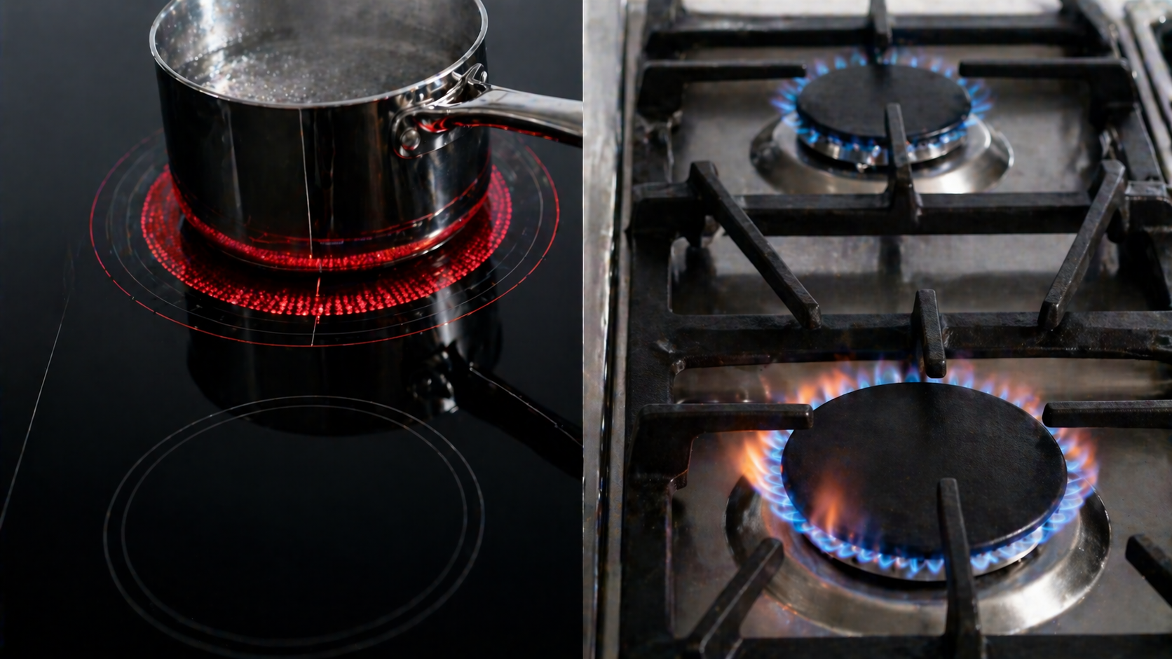 Side-by-side comparison of induction cooktop with precise heat distribution and traditional gas range with diffuse flame