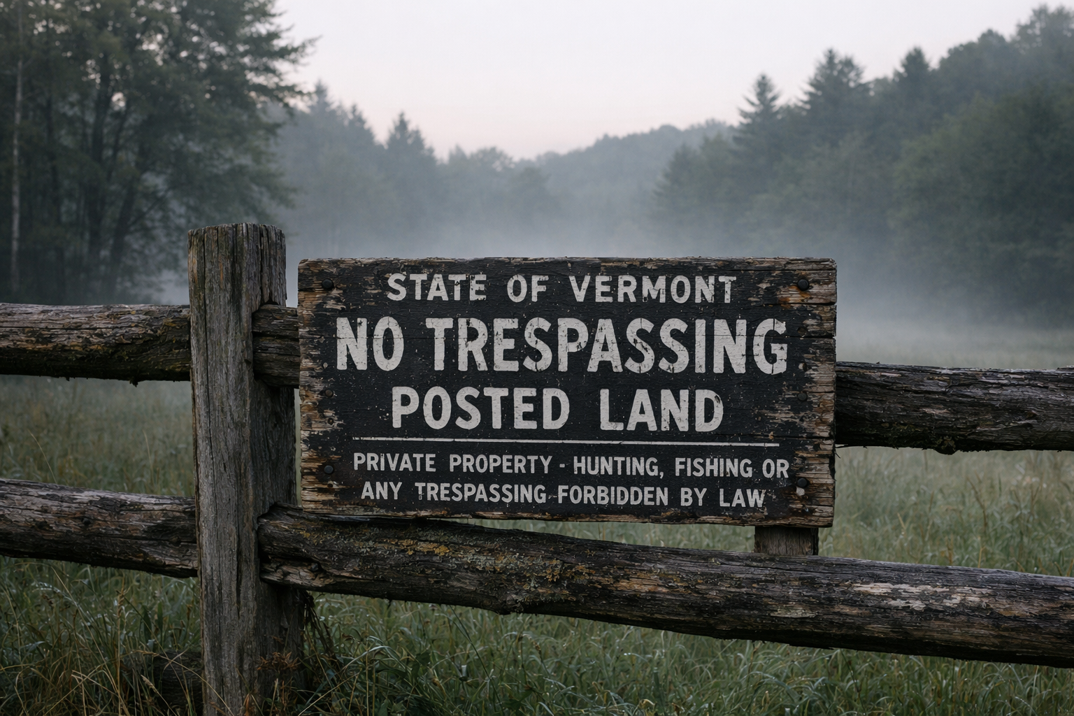 A weathered Vermont posted land sign on a split-rail fence with dense forest and open meadow behind it, early morning mist, quiet and immovable