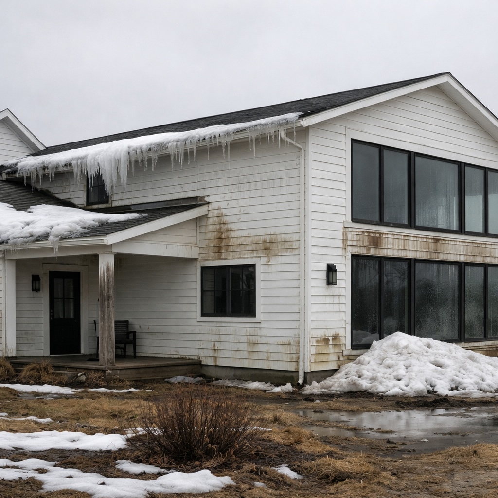 Modern farmhouse with shallow roof pitch showing ice dam damage and minimal overhangs causing trim deterioration