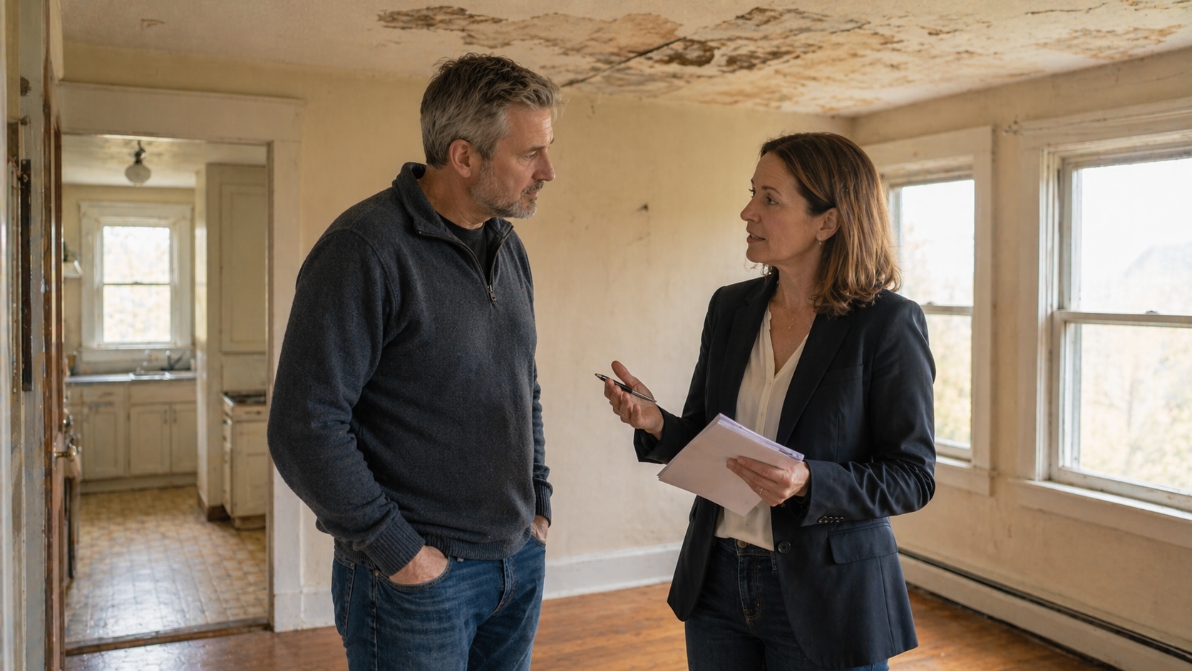 Seller and agent in thoughtful conversation about home assessment